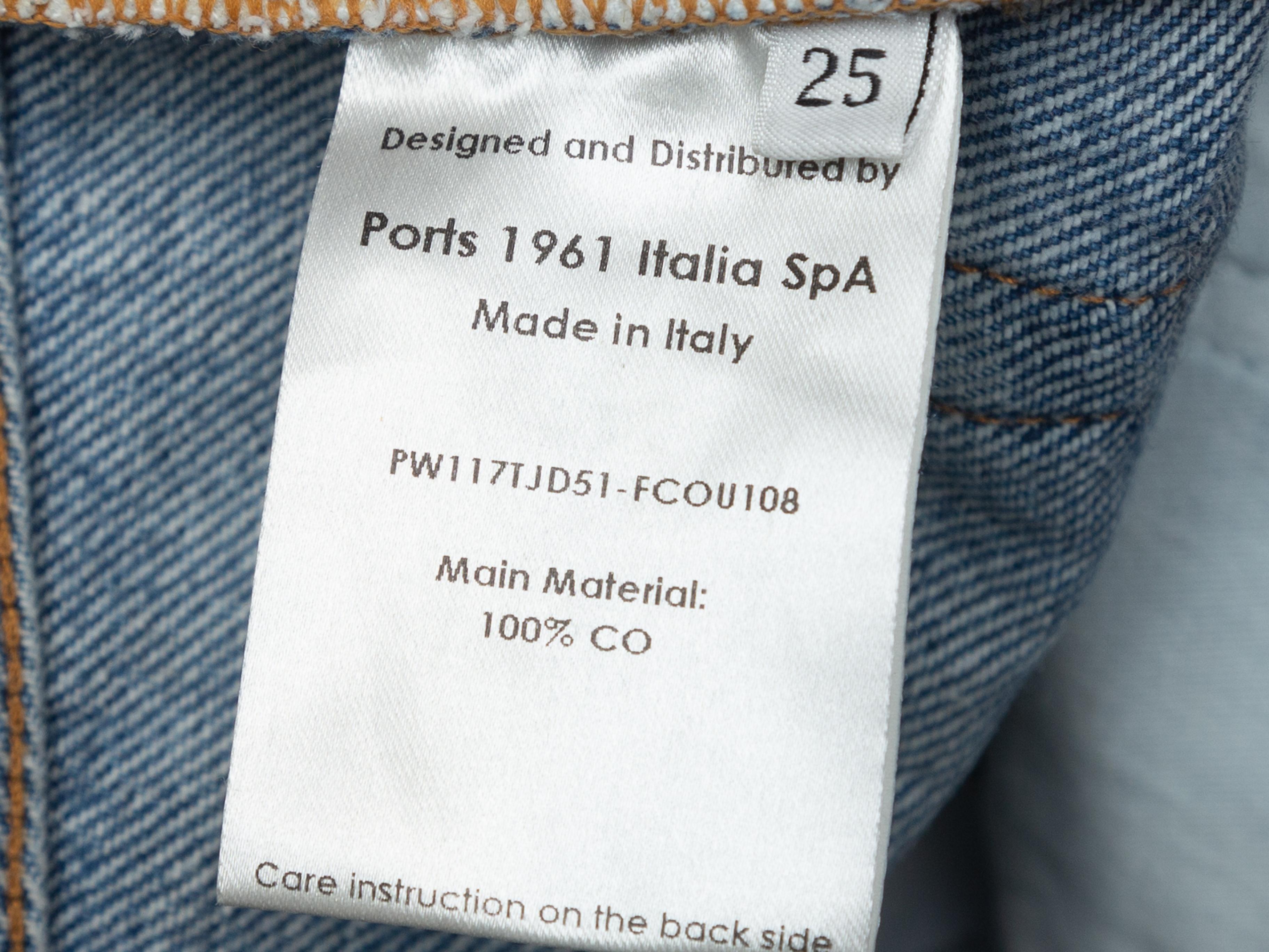 Product details: Light blue denim and navy waxed hem jeans by Ports 1961. Five pockets. Zip closure at front. Designer size 25. 26