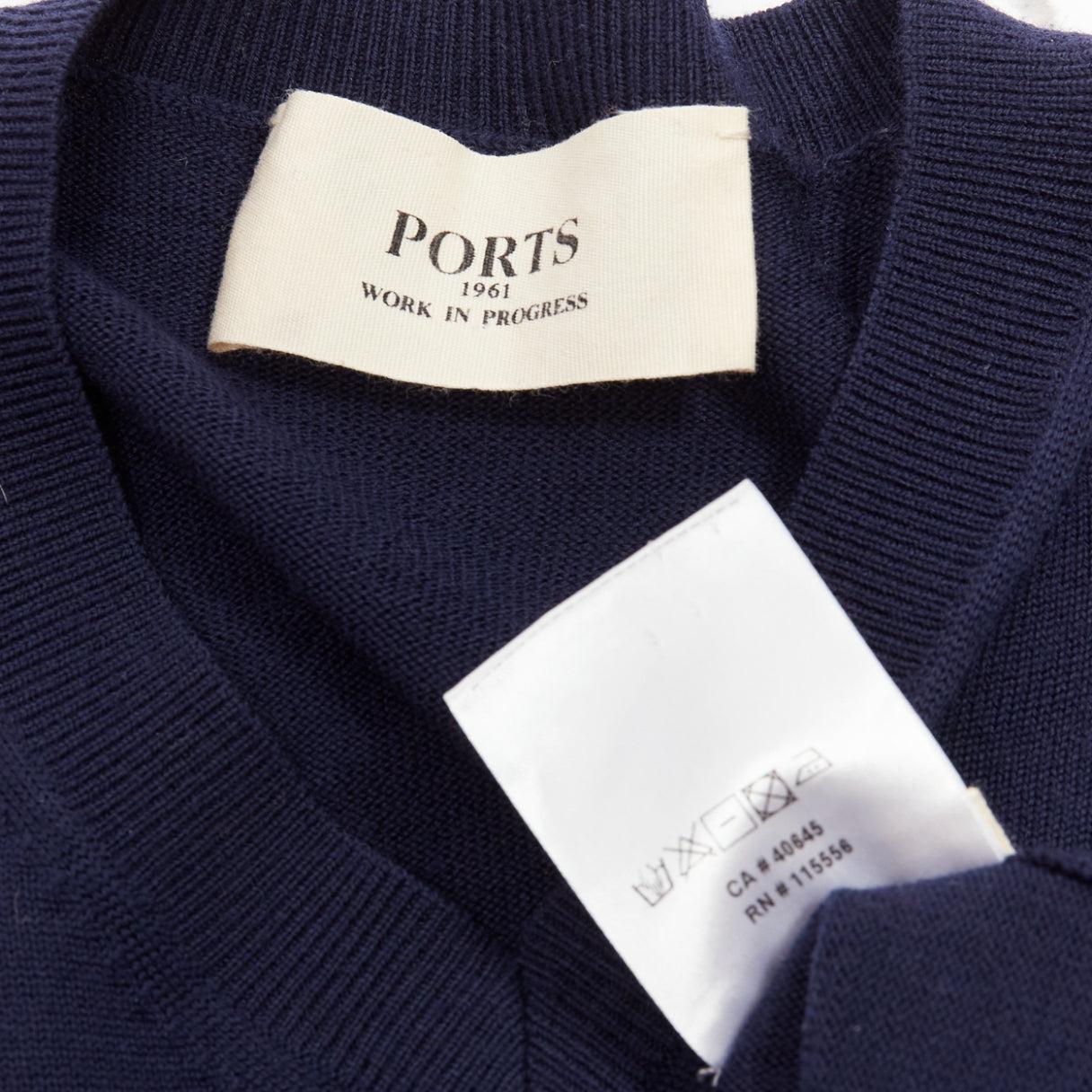 PORTS 1961 navy wool v neck asymmetric hem drape sweater XS For Sale 4