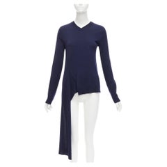 PORTS 1961 Pull drapé à ourlet asymétrique en laine bleu marine à col en V XS