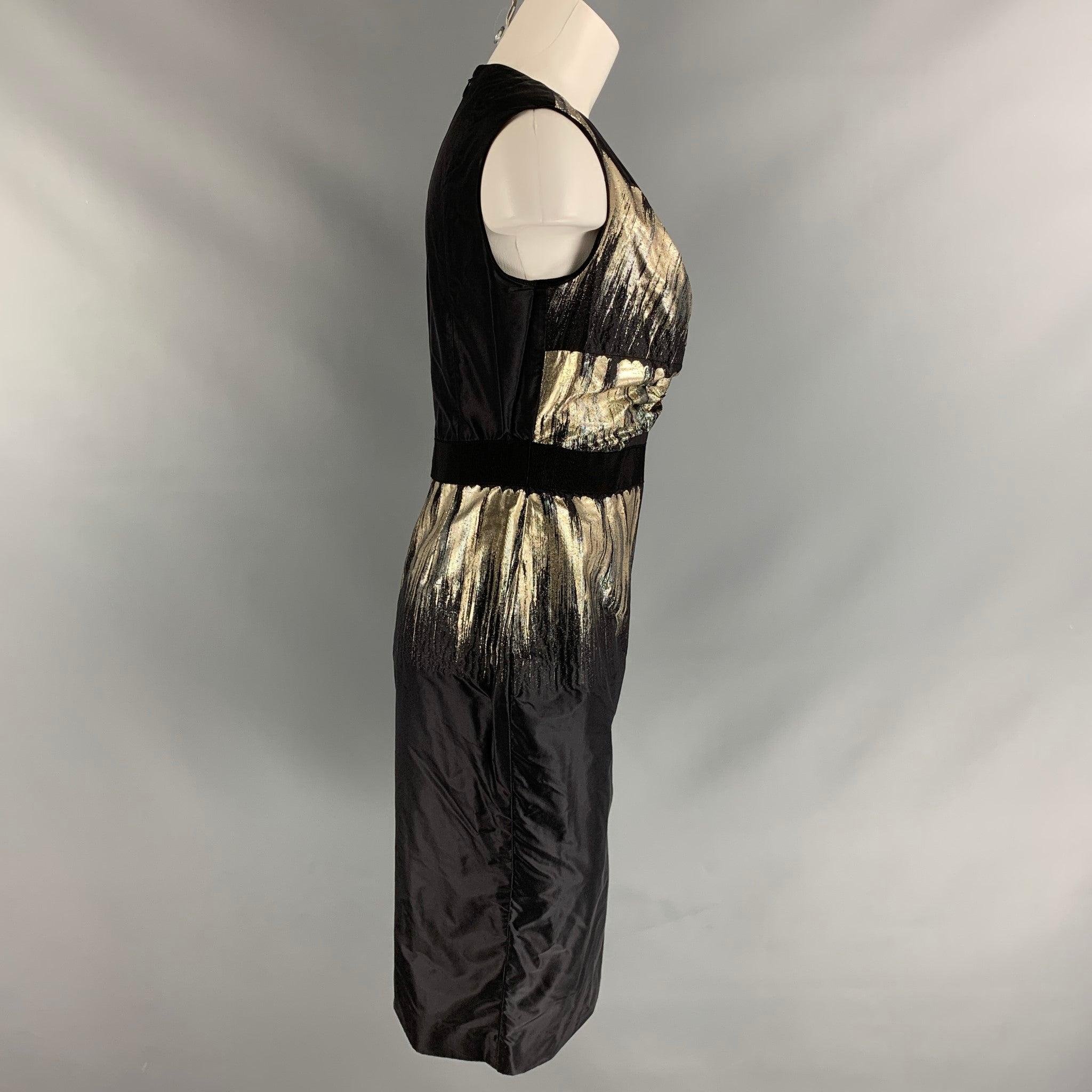 PORTS 1961 Size 4 Black, Gold & Silver Ruched Cocktail Dress In Excellent Condition For Sale In San Francisco, CA