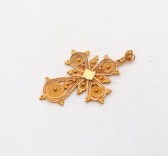 Portugal 1930 Fine Filigree Byzantine Type Pendant Cross In 18Kt Yellow Gold