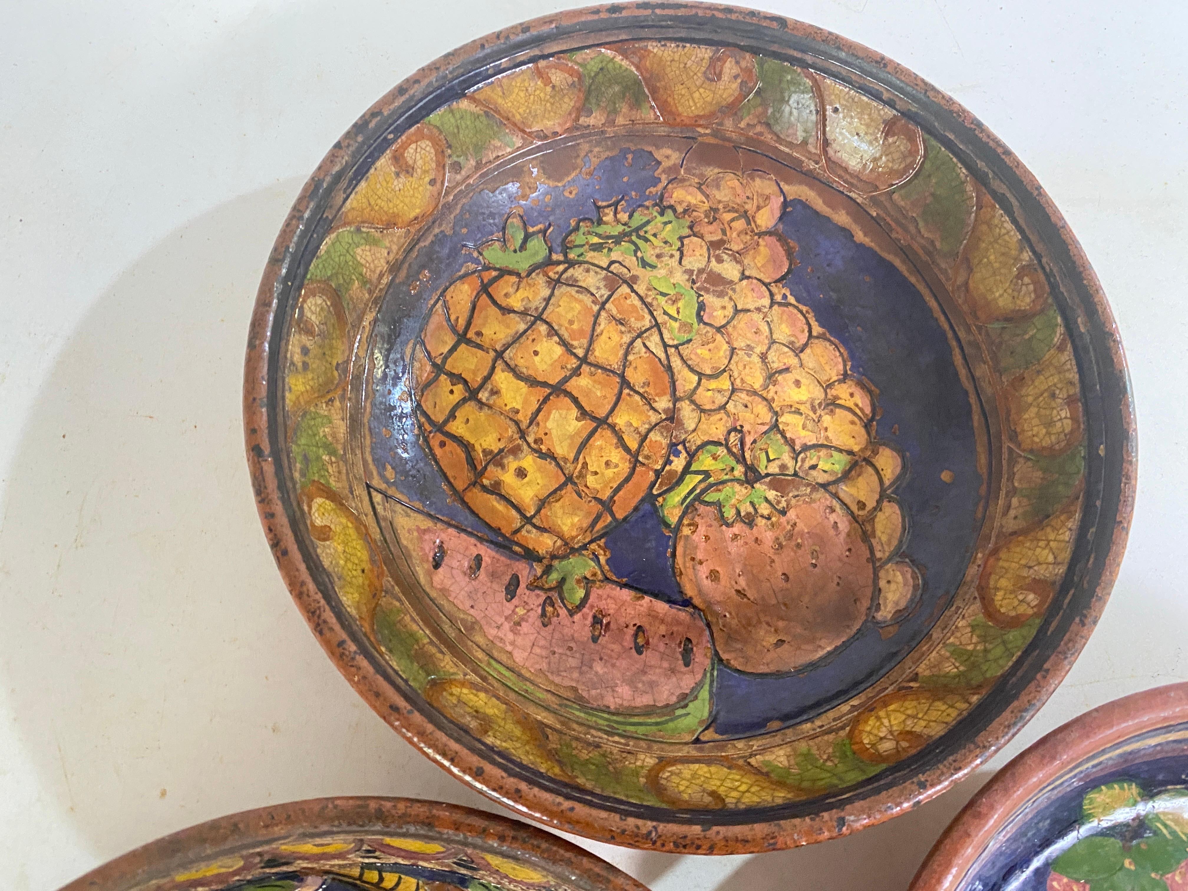 French Provincial Portugal Faience Plates Hand Painted 20th Century Yellow Brown Colors Set of 3   For Sale