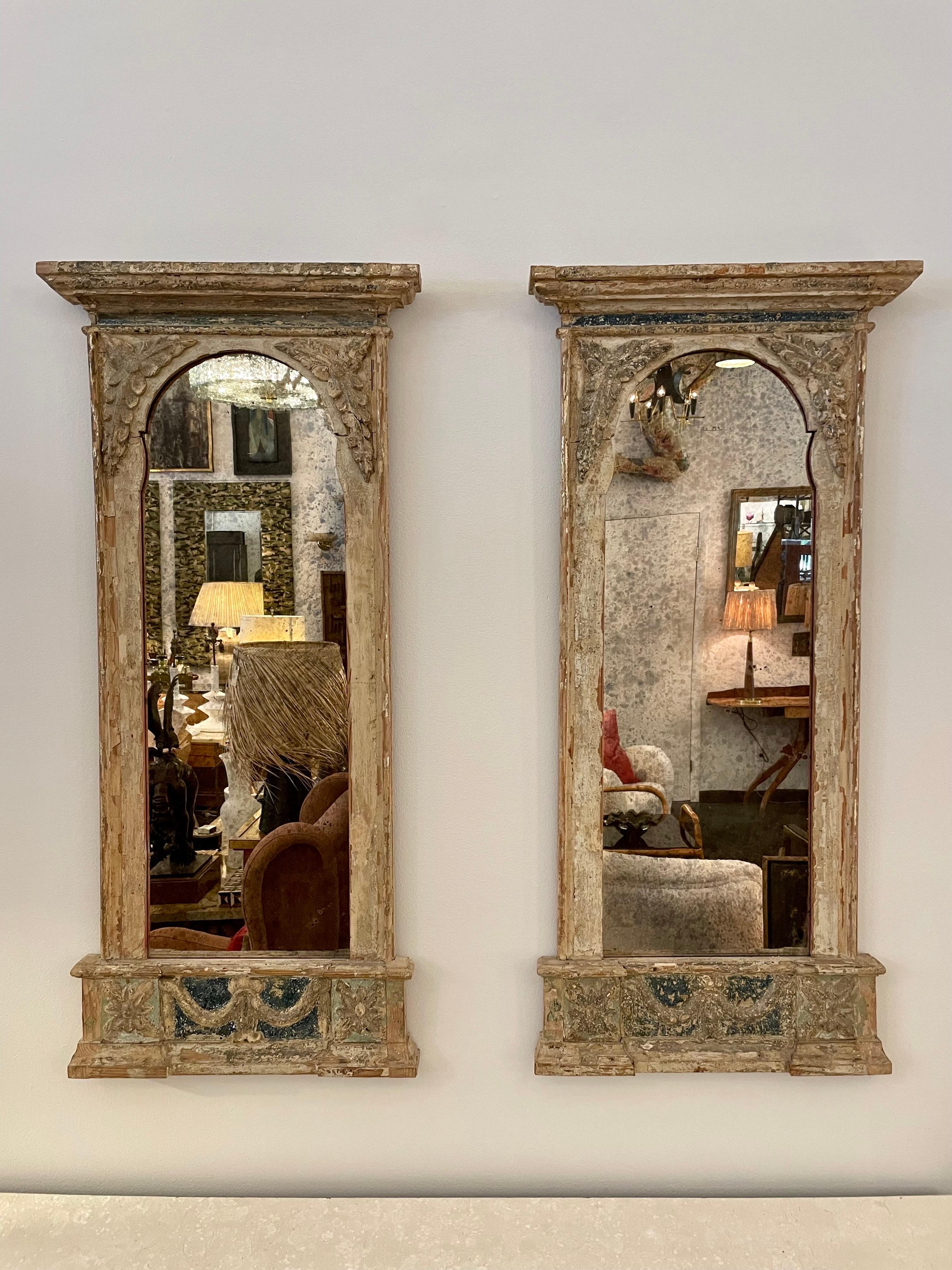 Museum Quality elegant 17th-Century mirrors with remnants of the original gesso and blue paint over a detailed pine frame. Note: mIrror glass in center has been replaced at one point. See all detailed pictures.  THIS ITEM IS LOCATED AND WILL SHIP