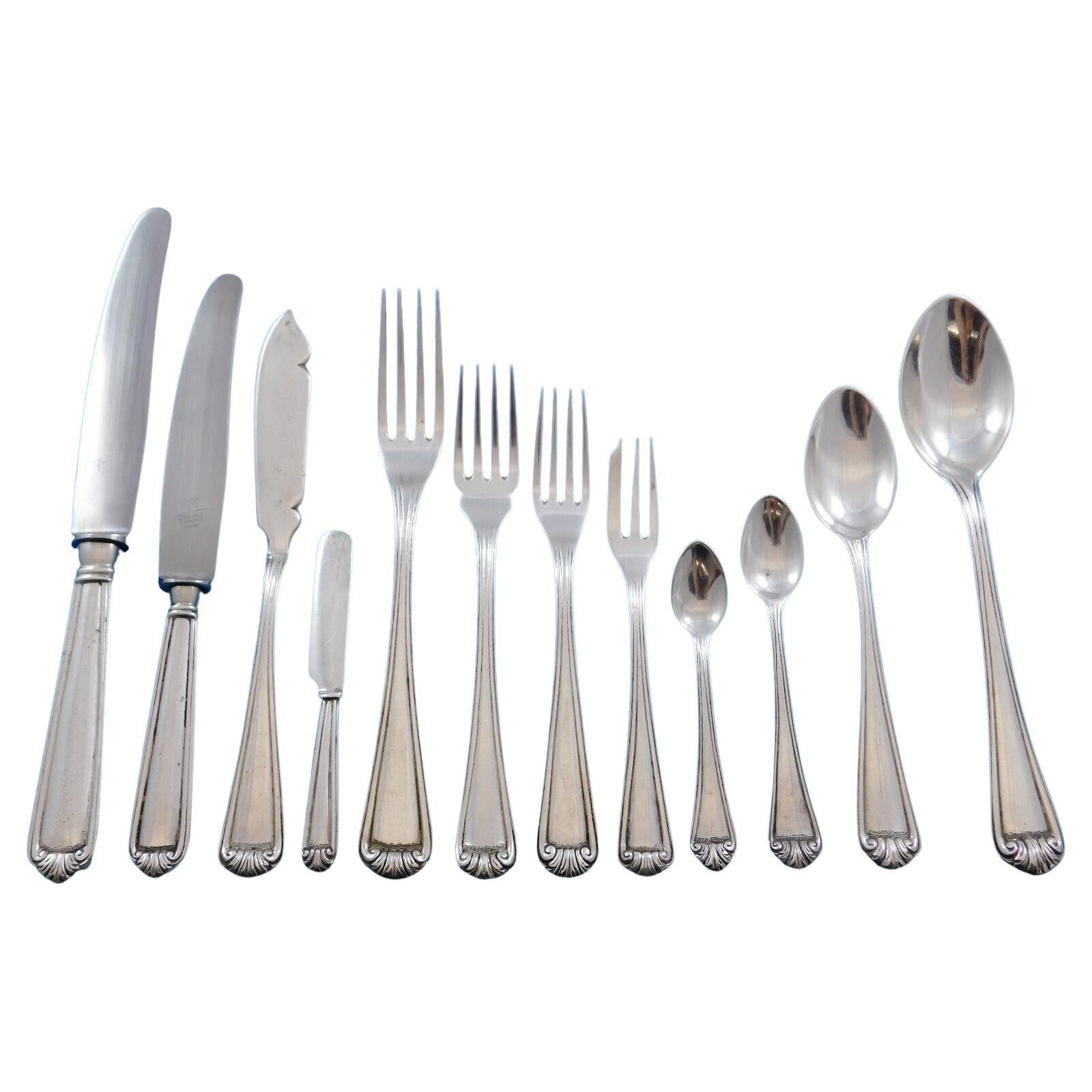 Portugese 833 Silver Flatware Set Service for 12 Scroll Design 150 Pieces Dinner For Sale