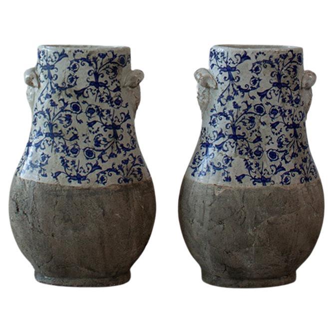 Portugiese Ceramic and blue and white tiled large branch Vase  For Sale