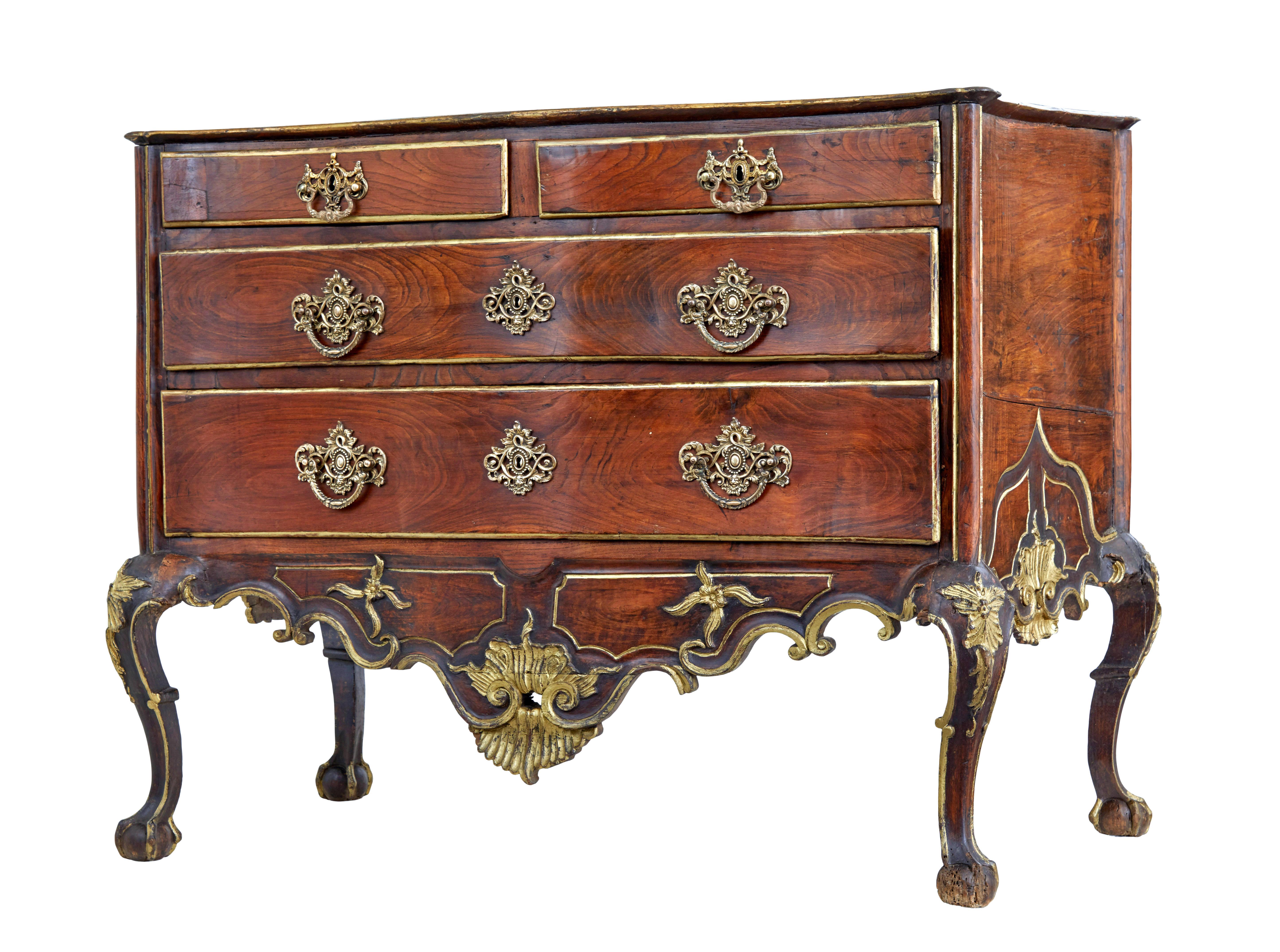 18th Century Portuguese 18th century carved walnut and gilt chest of drawers For Sale