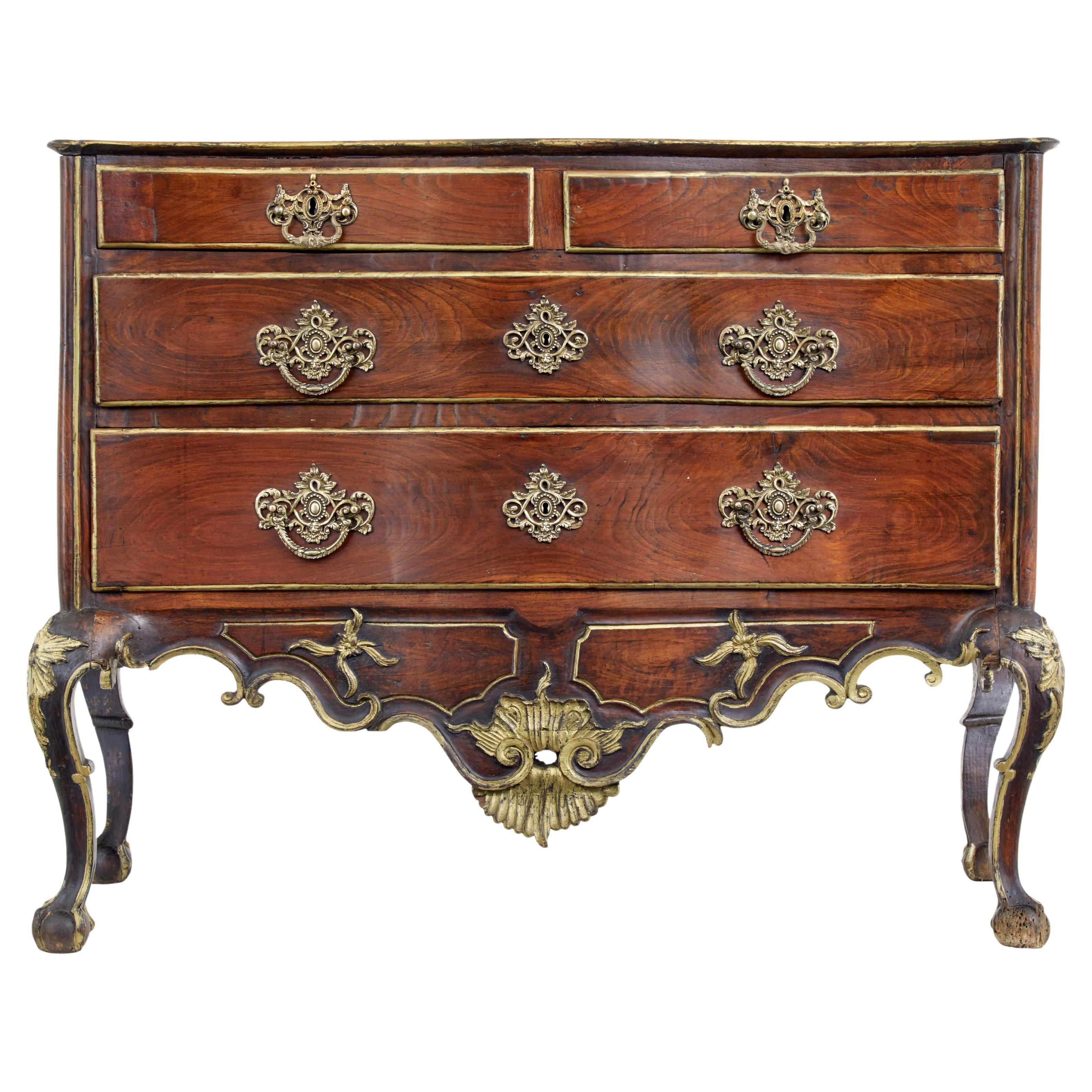 Portuguese 18th century carved walnut and gilt chest of drawers For Sale