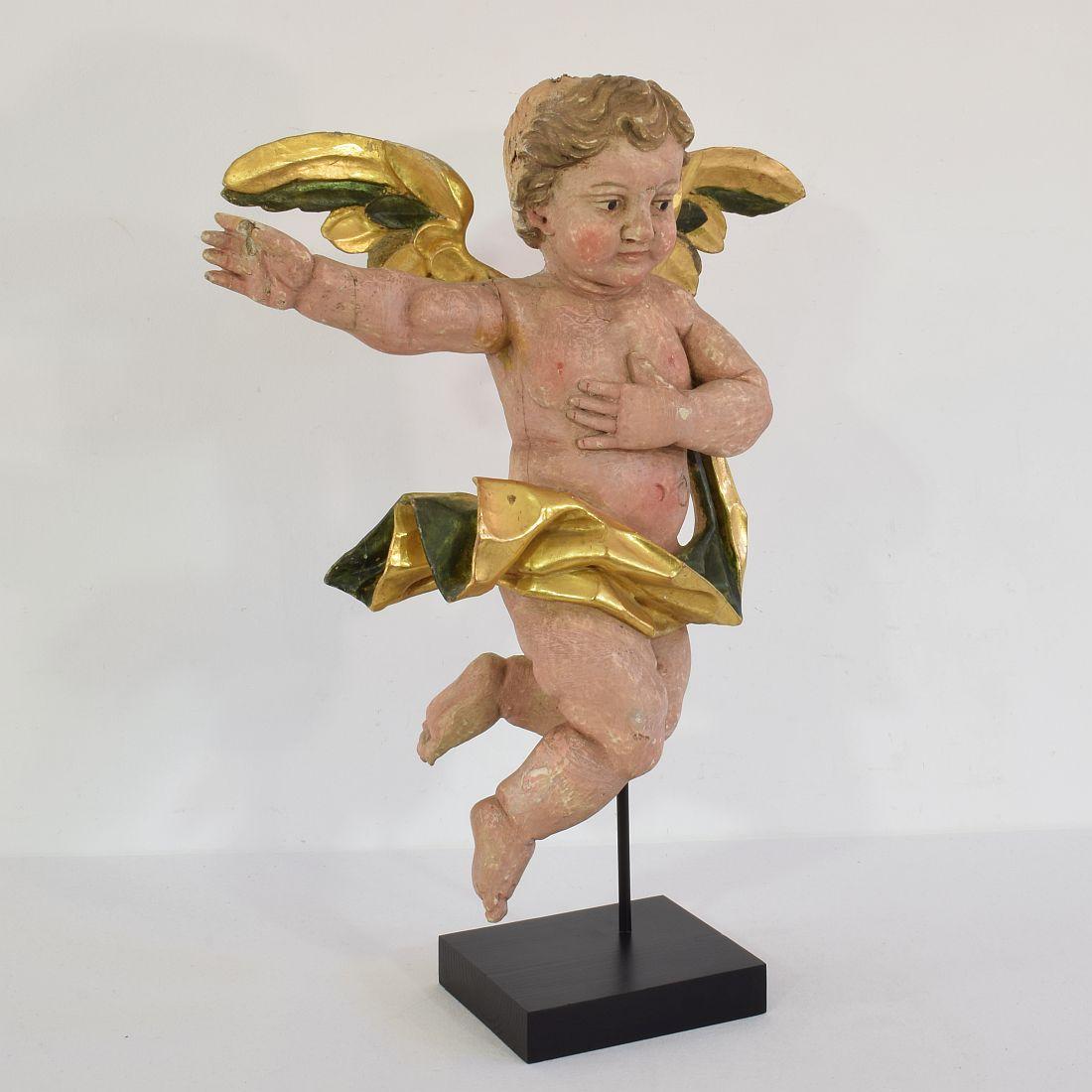 Painted Portuguese 18th Century Carved Wooden Baroque Angel