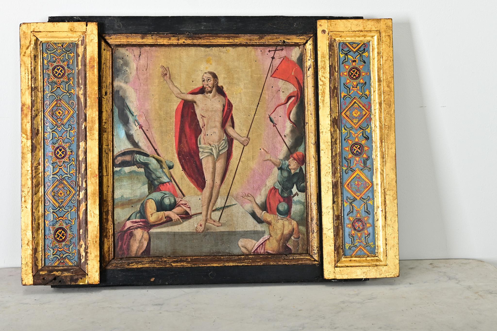Peinture d'assemblage portugaise du XVIIIe siècle représentant le Christ, probablement un fragment architectural ou un retablo qui aurait été accroché dans une église. Construite en panneaux de bois épais, la vignette centrale représente Jésus