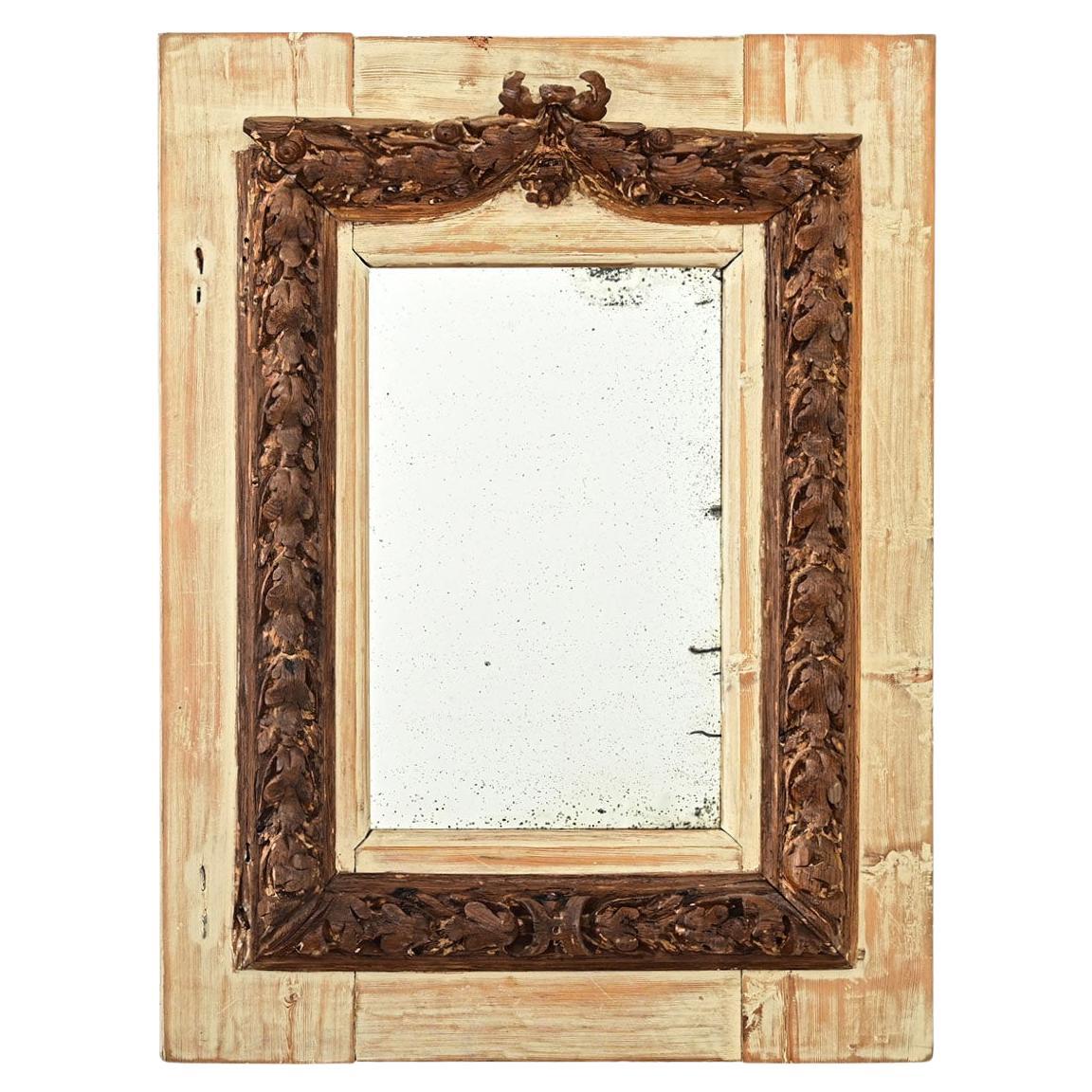 Portuguese 18th Century Gilded Carved Oak Mirror on Painted Backboard For Sale