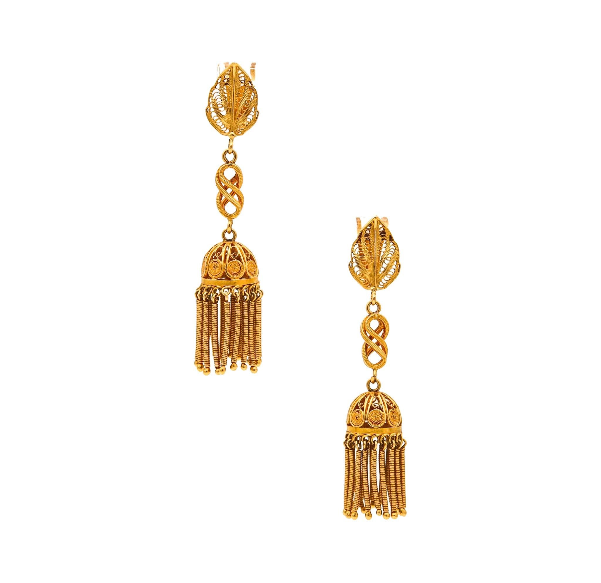 Late Victorian PORTUGUESE 1910 Porto Iberian Dangle Fringe Earrings In Rich 19.2Kt Yellow Gold