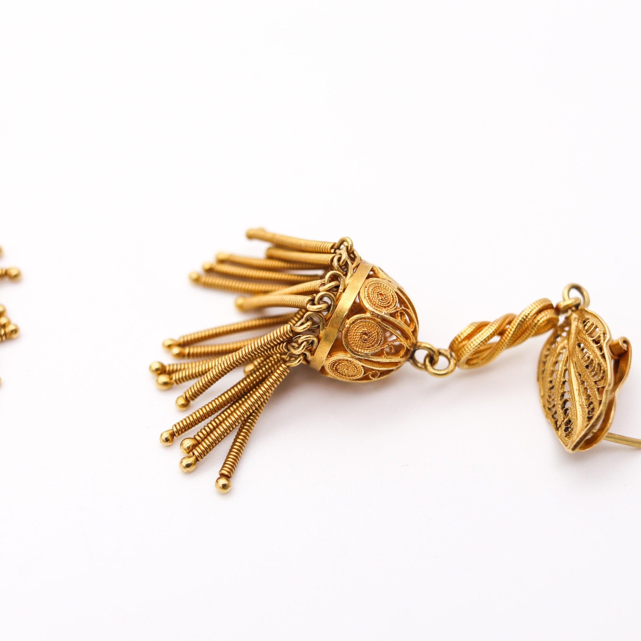 PORTUGUESE 1910 Porto Iberian Dangle Fringe Earrings In Rich 19.2Kt Yellow Gold 1