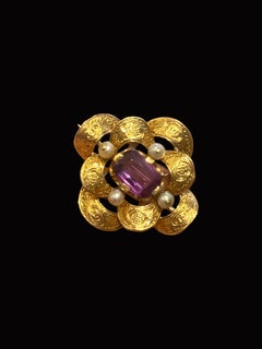 Portuguese 19.2 Karat Gold Amethyst and Pearl Floral Brooch Pin