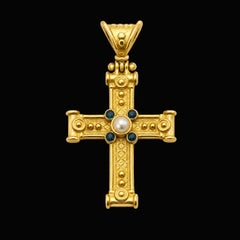 Portuguese 19.2 Karat Gold Cross Pendant with Half Pearl and Green Glass Accents