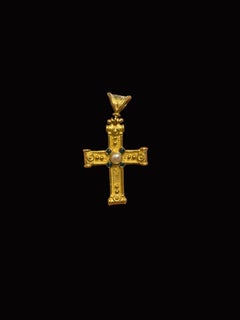 19.2K Yellow Gold Cross Pendant with Pearl and Glass Cabochons