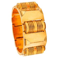 Portuguese 1930 Art Deco Massive Geometric Tank Bracelet In 19Kt Yellow Gold