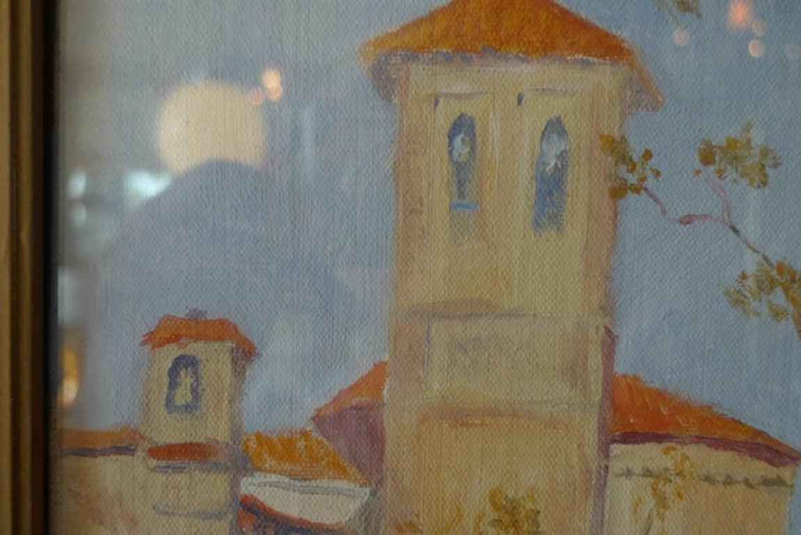 Mid-20th Century Portuguese 1944 Watercolor Sunday Morning Mass For Sale