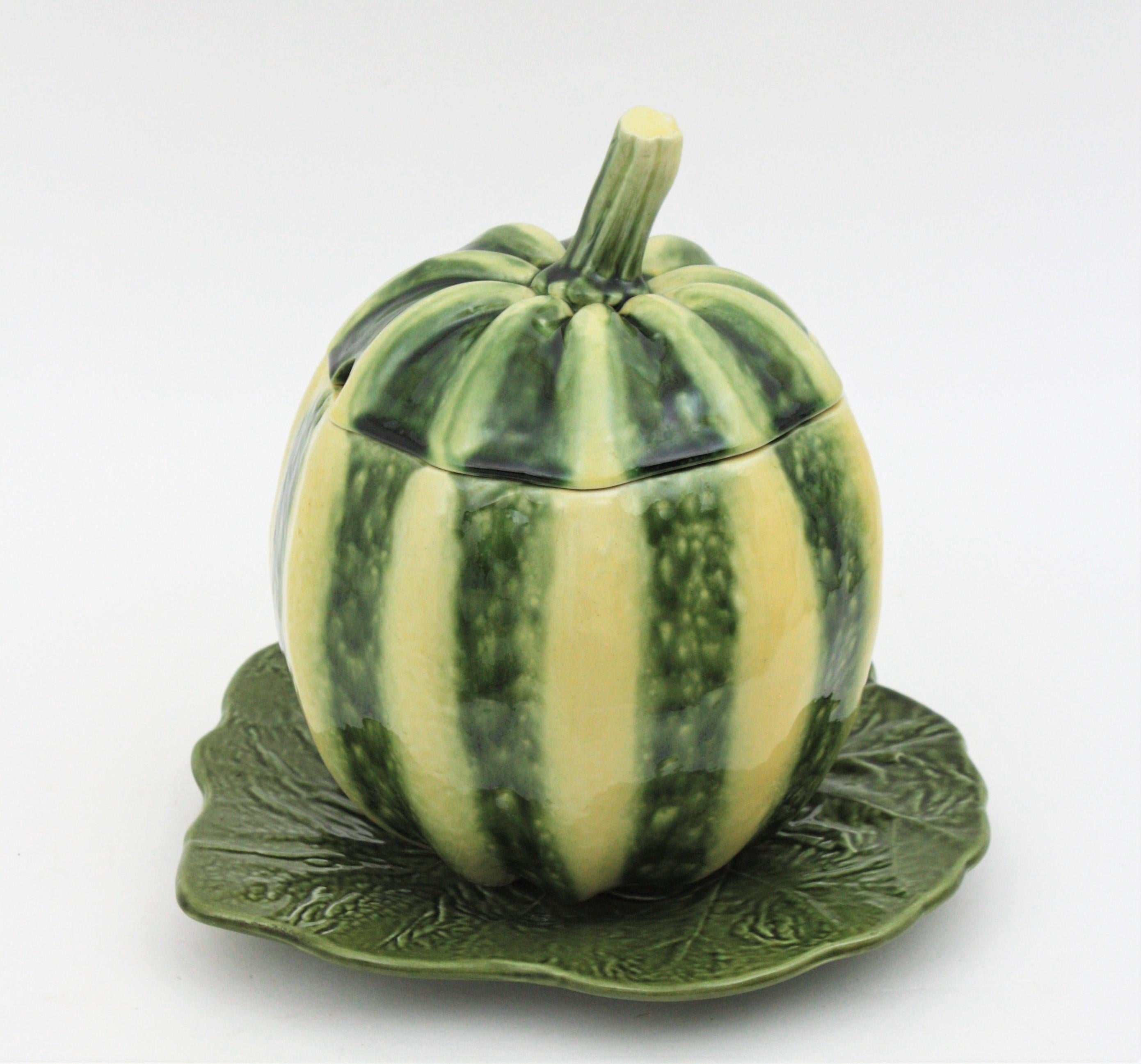 Portuguese Watermelon Glazed Ceramic Tureen Centerpiece, 1960s