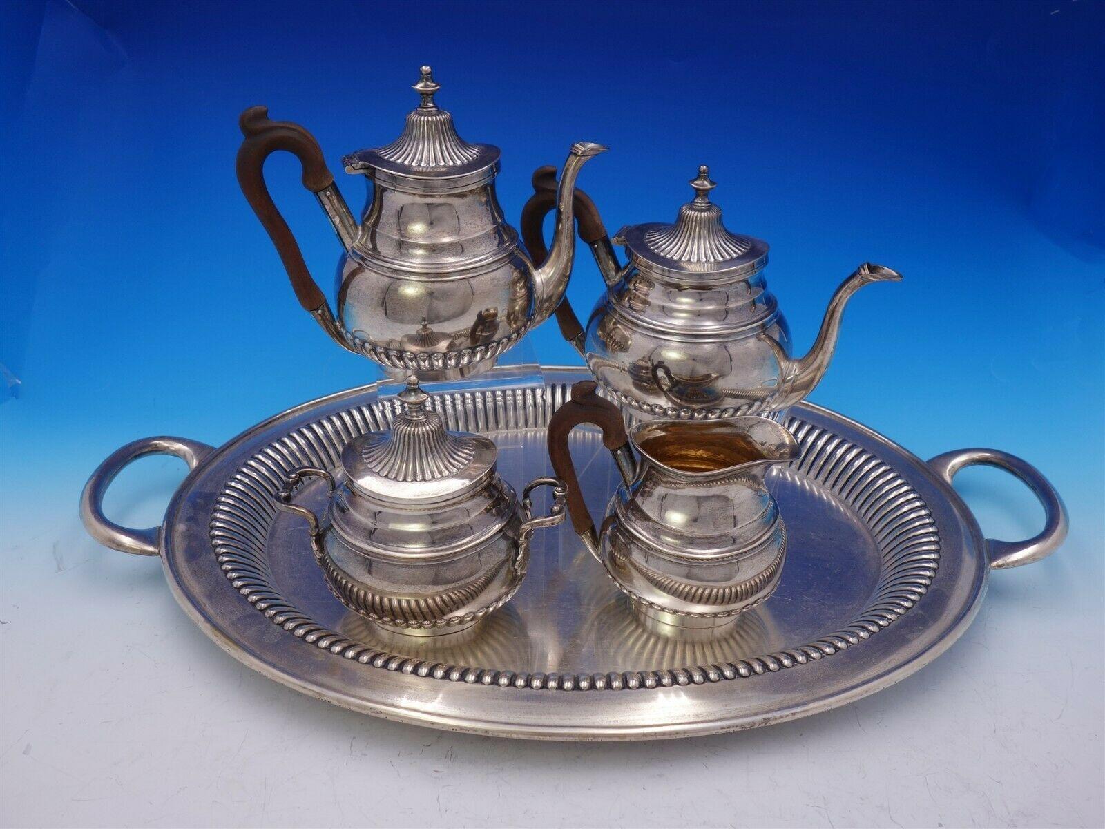 Portuguese .833 Silver Tea Set 5-Piece with Fluted / Ribbed Design In Excellent Condition For Sale In Big Bend, WI