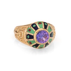 Portuguese Amethyst Enamel Ring Vintage 19k Yellow Gold Mid Century Jewelry