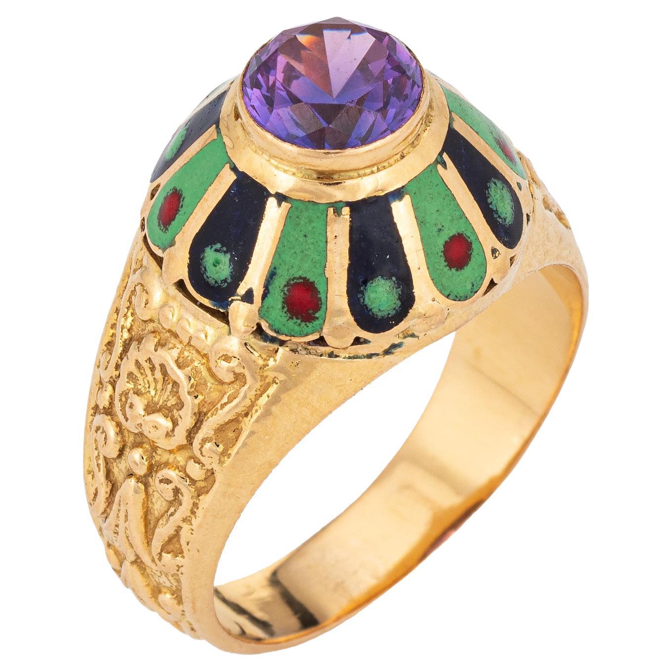 Portuguese Amethyst Enamel Ring Vintage 19k Yellow Gold Mid Century Jewelry For Sale