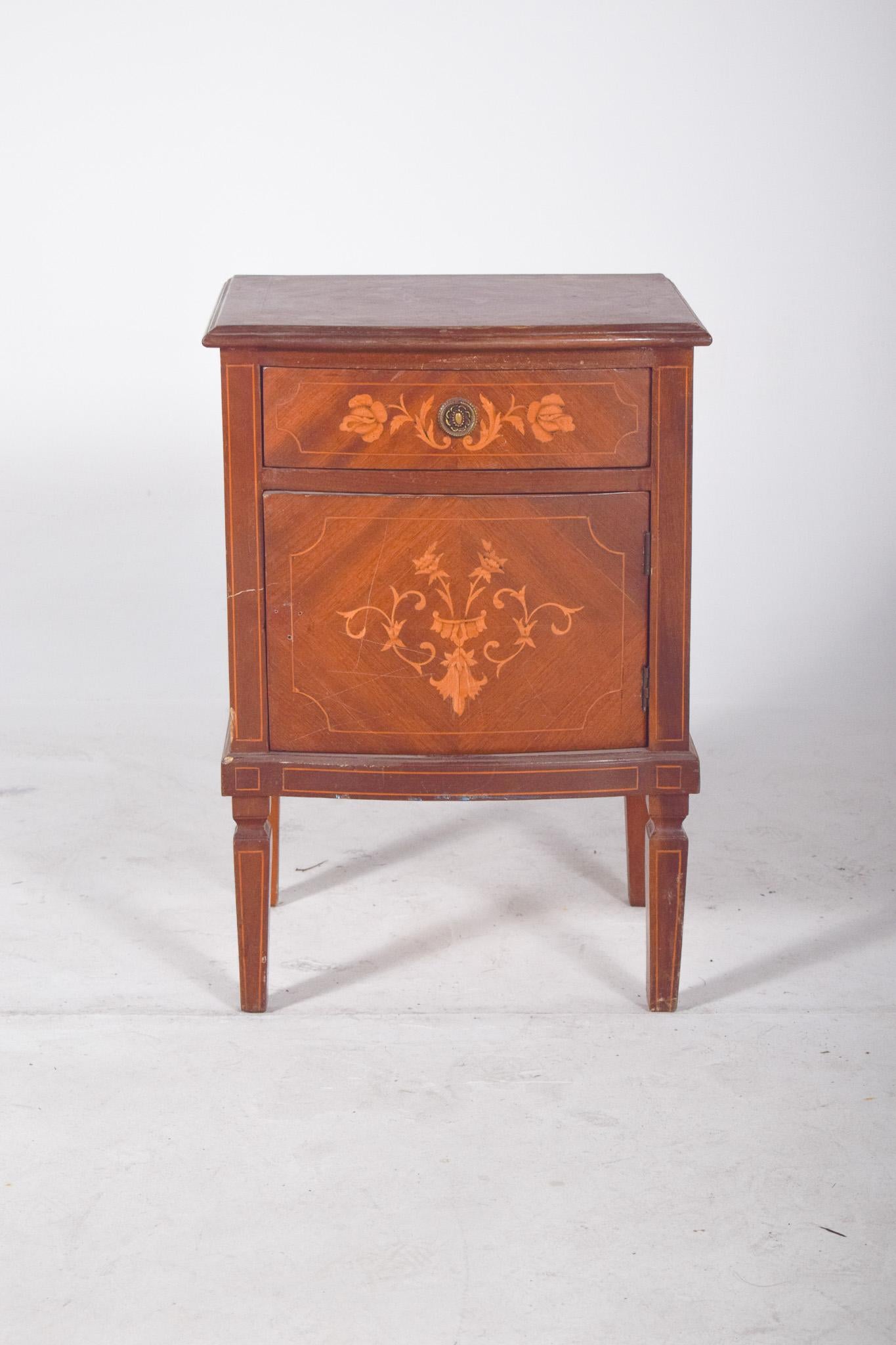 20th Century Portuguese Antique Bedside Table with Marquetry Work For Sale