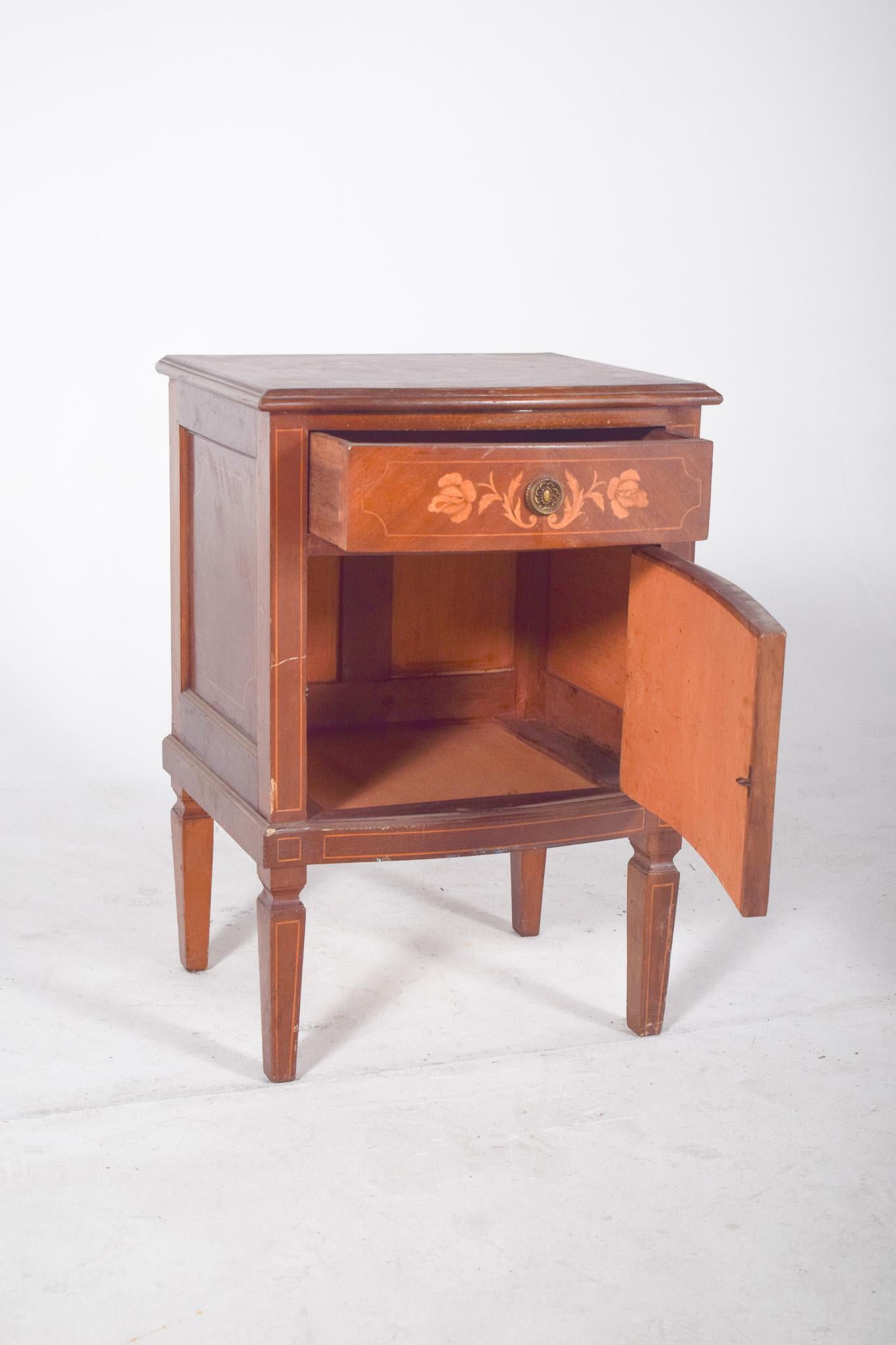 Wood Portuguese Antique Bedside Table with Marquetry Work For Sale