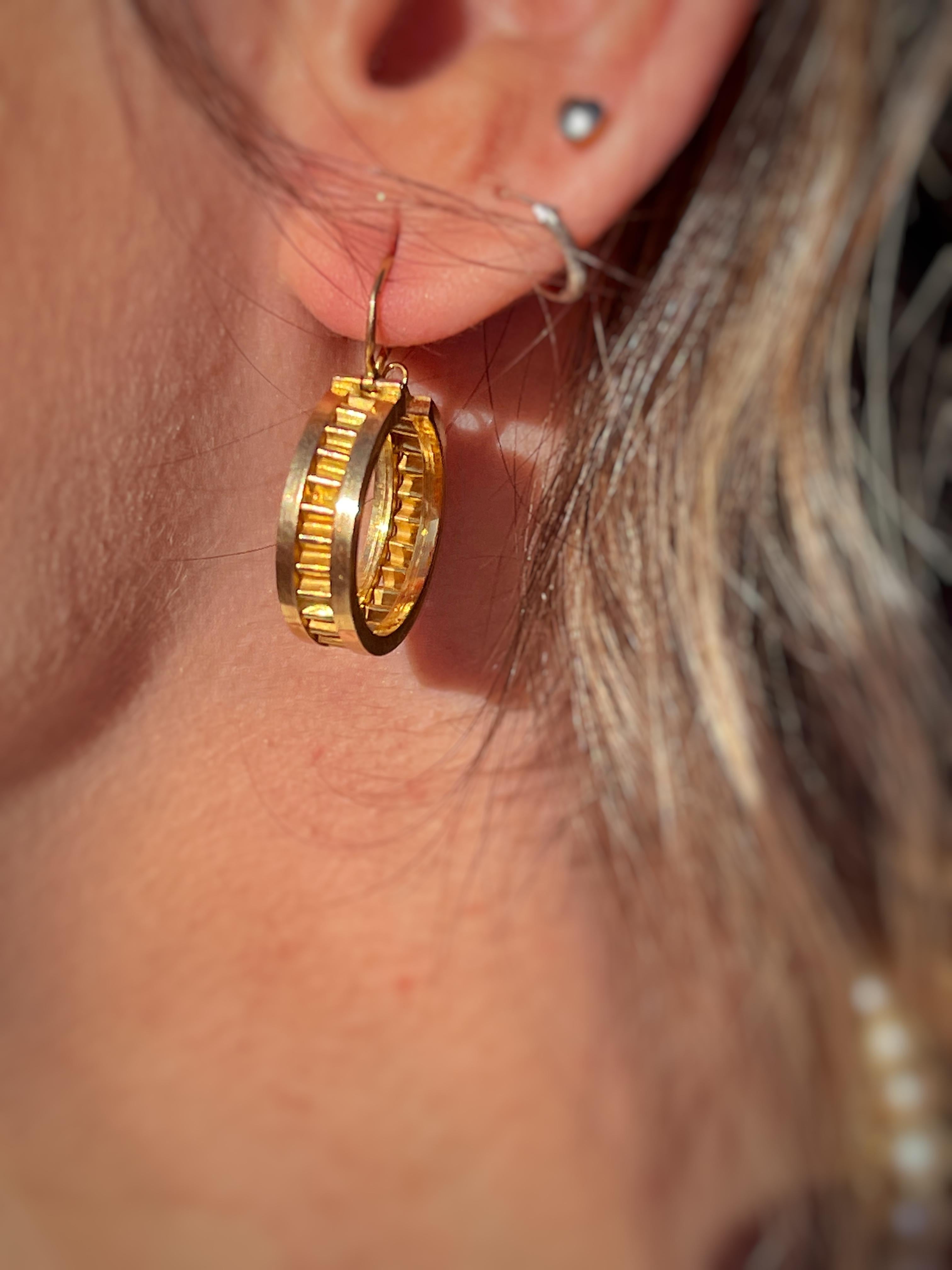 Women's Art Deco Portuguese Solid Yellow Gold Hoop Earring For Sale