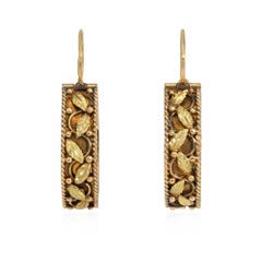 Portuguese Art Nouveau Gold Cannetille Foliate Motif Hoop Earrings