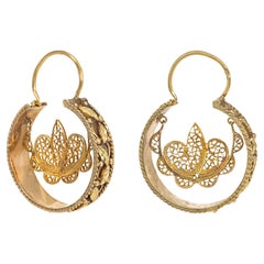 Pendientes de aro Art Nouveau portugueses de oro con motivo foliado Cannetille