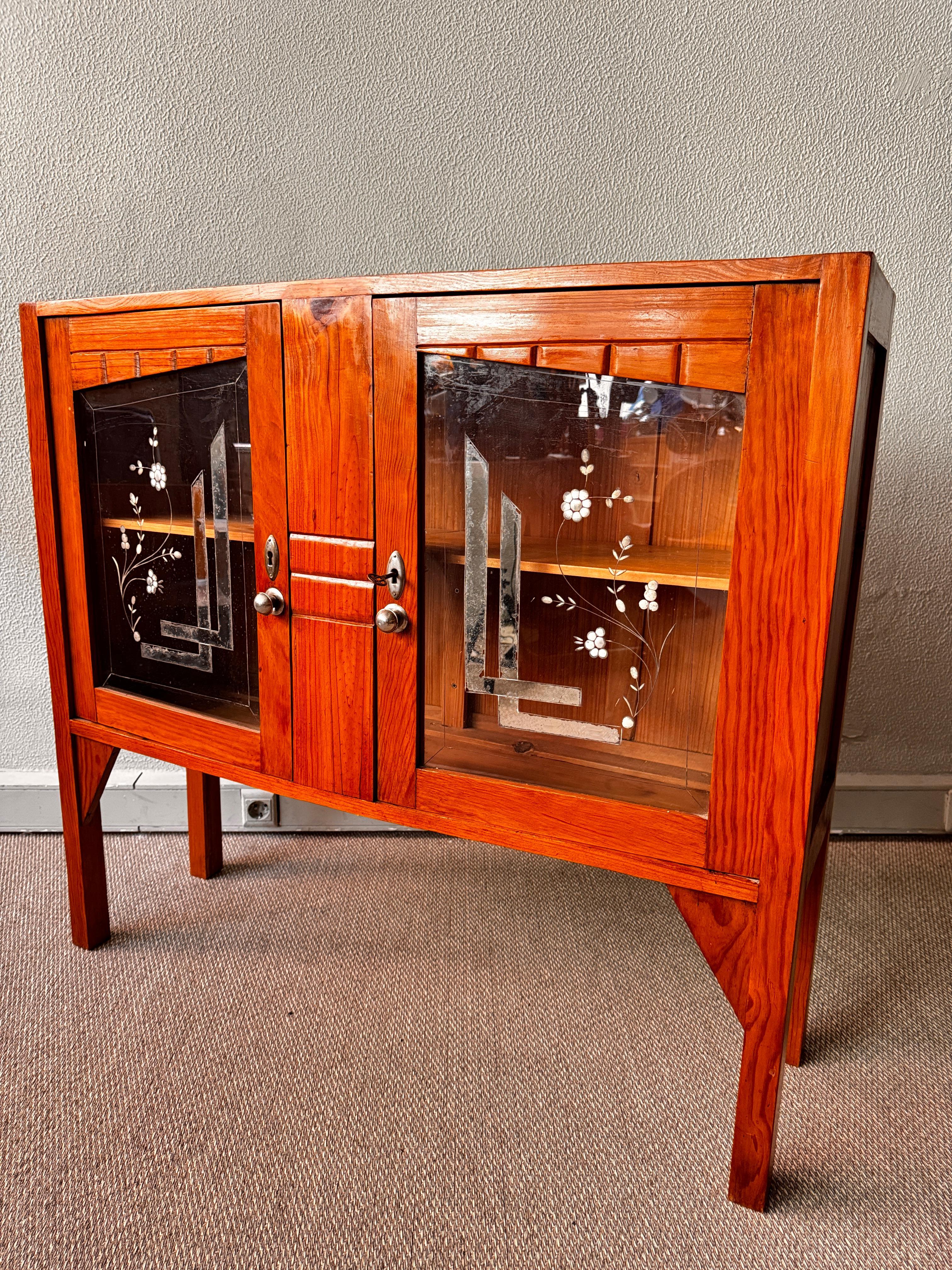 Art Deco Portuguese Art Nouveau Sideboard, Bark Wood, Etched Glass, 1930s Furniture For Sale