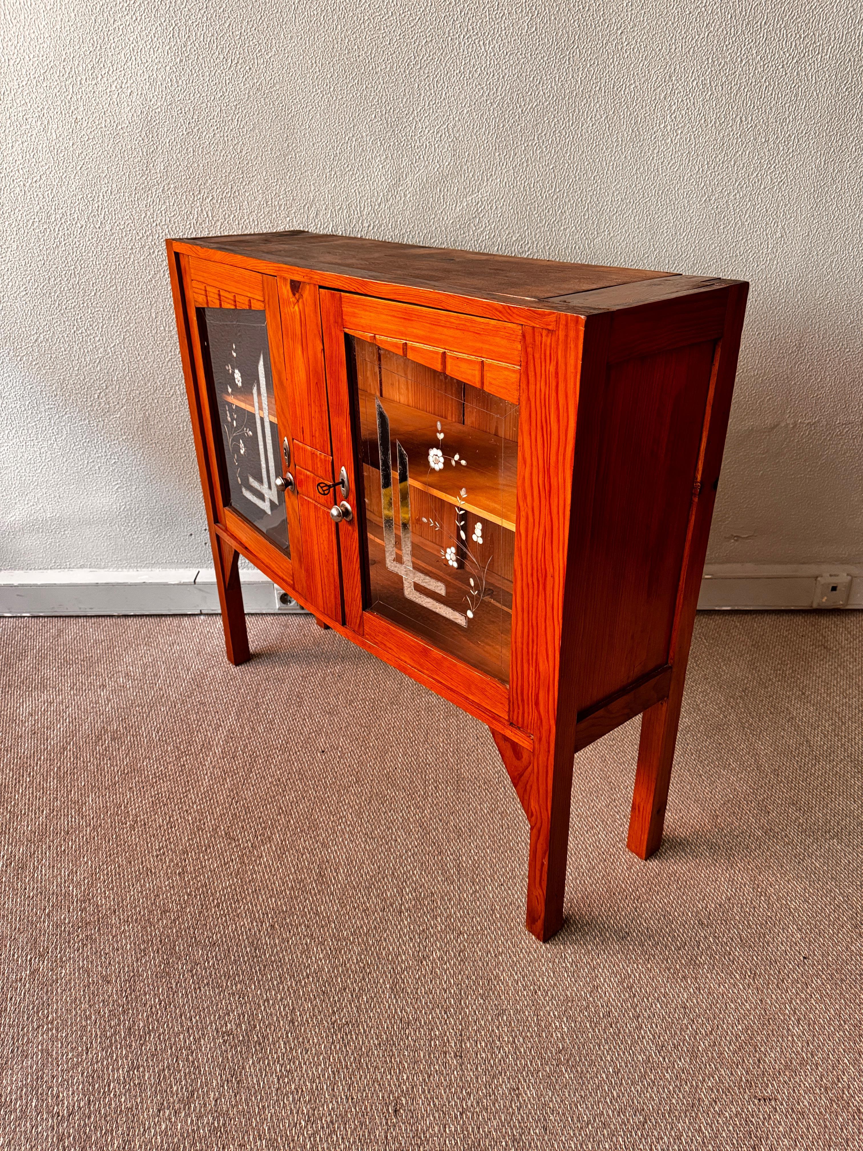 Mid-20th Century Portuguese Art Nouveau Sideboard, Bark Wood, Etched Glass, 1930s Furniture For Sale