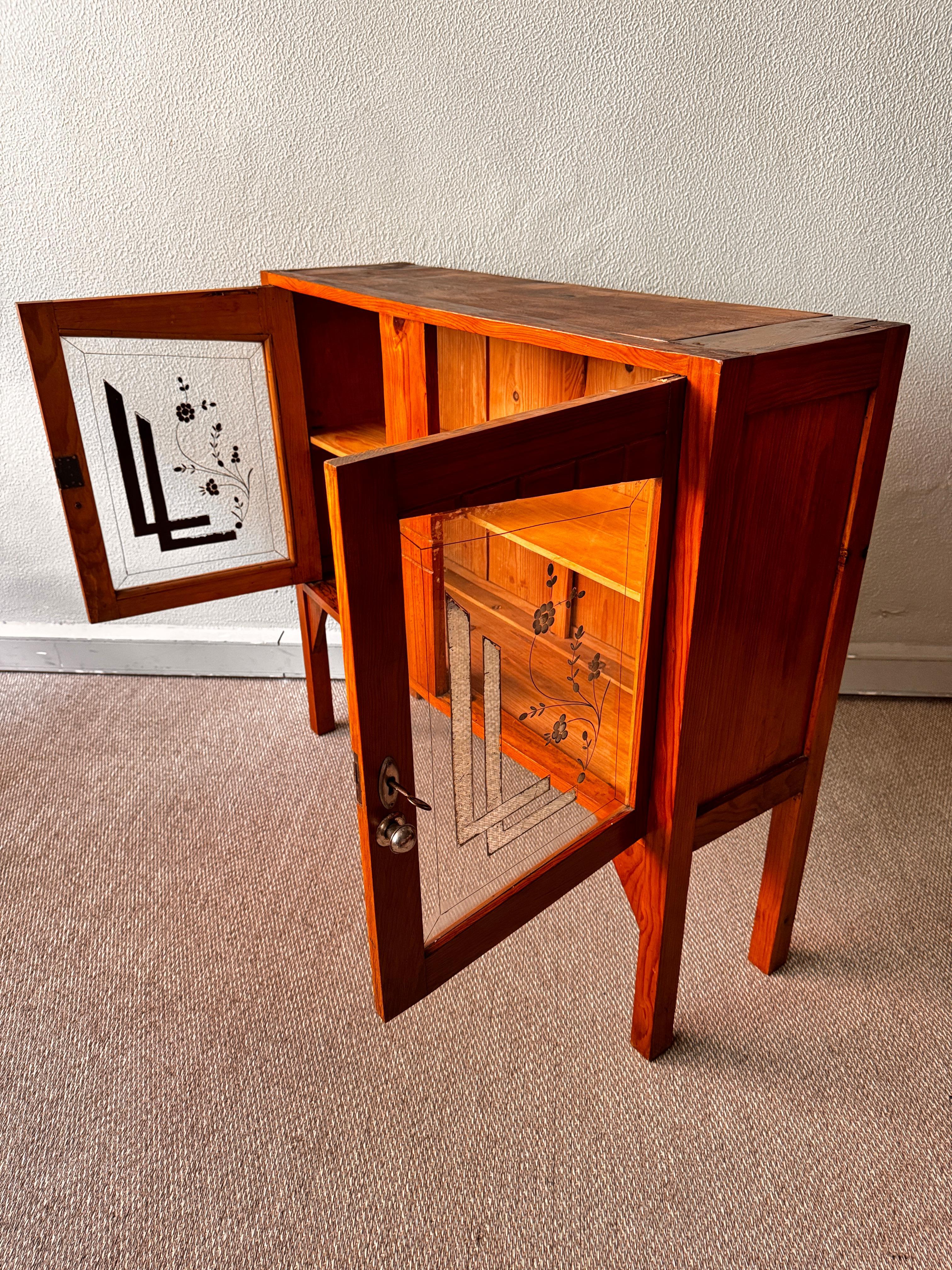 Art Glass Portuguese Art Nouveau Sideboard, Bark Wood, Etched Glass, 1930s Furniture For Sale