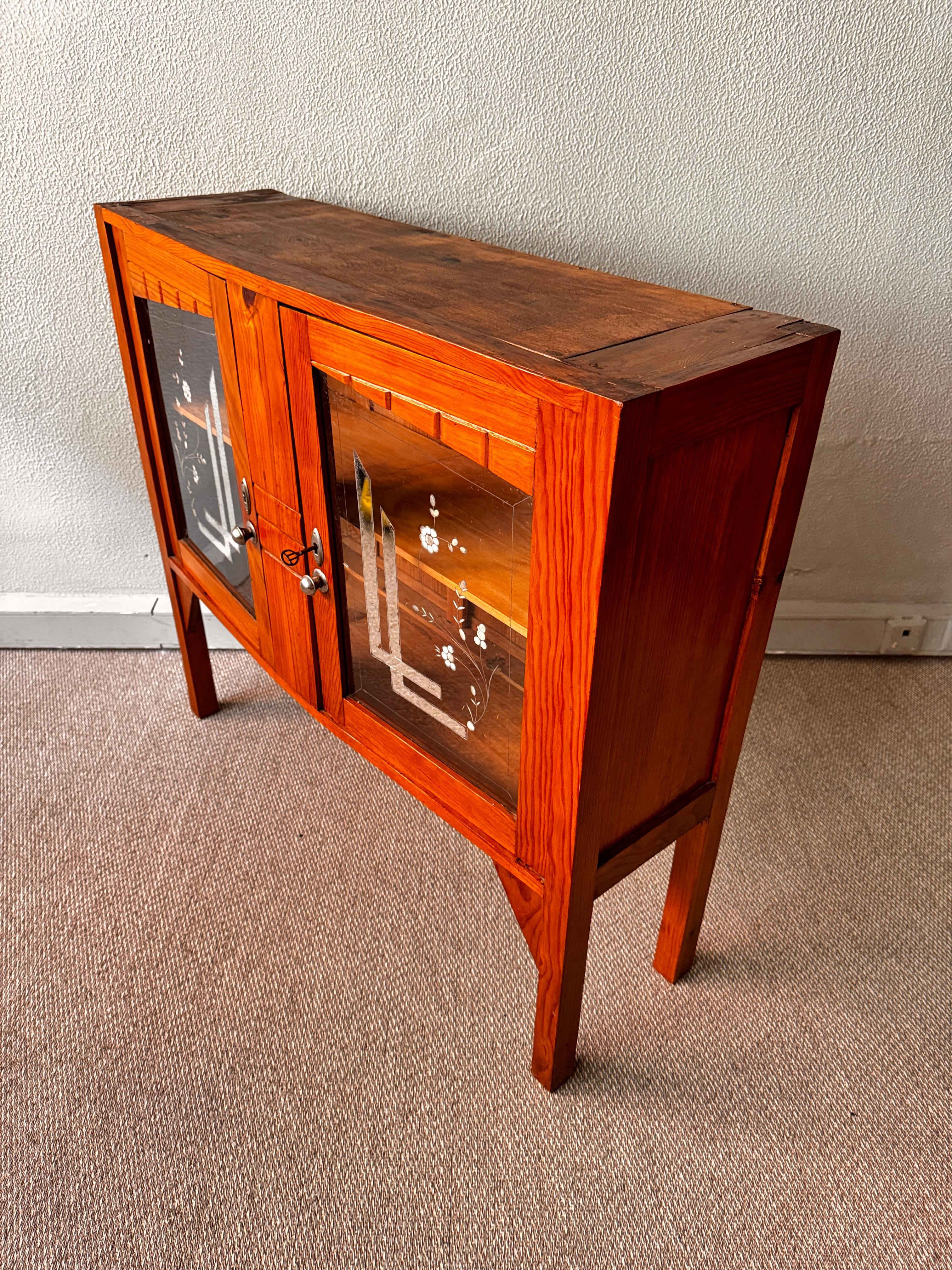 Portuguese Art Nouveau Sideboard, Bark Wood, Etched Glass, 1930s Furniture For Sale 1