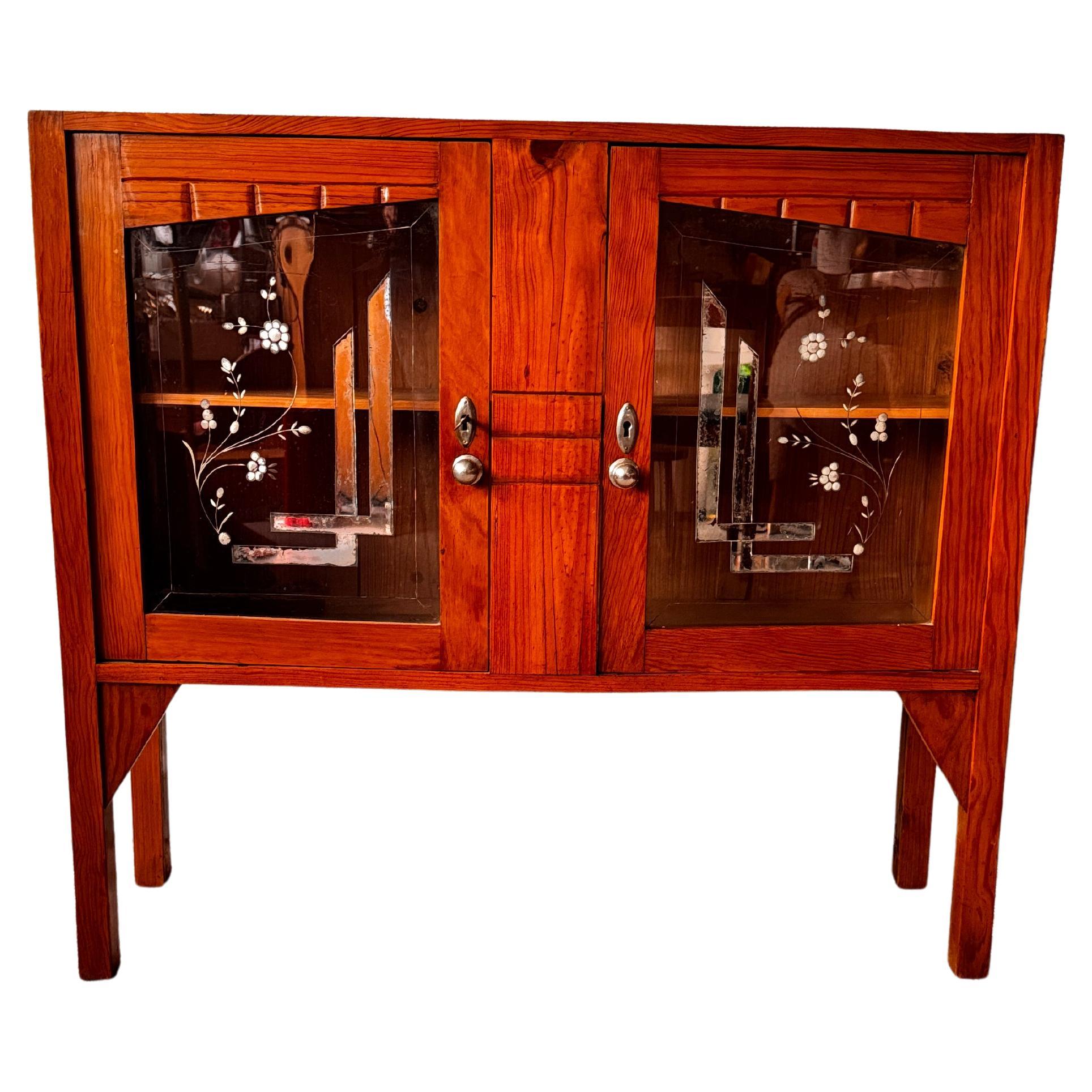 Portuguese Art Nouveau Sideboard, Bark Wood, Etched Glass, 1930s Furniture For Sale