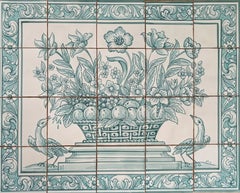 Portuguese Artisanal Tiles "Flower Basket" Hand Painted and Signed by Artist