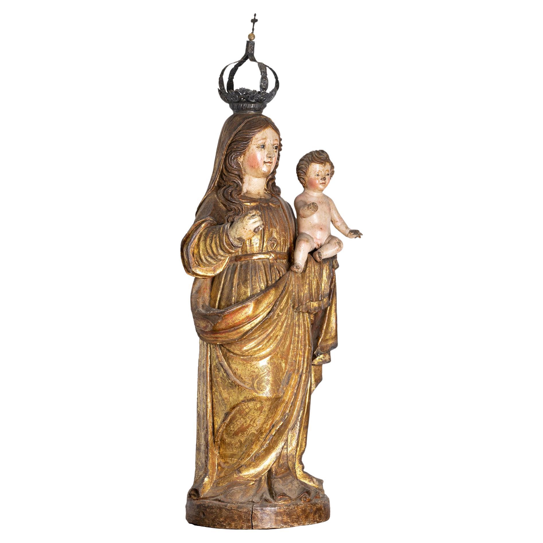 Portuguese Baroque Madonna and Child Sculpture, 17th Century