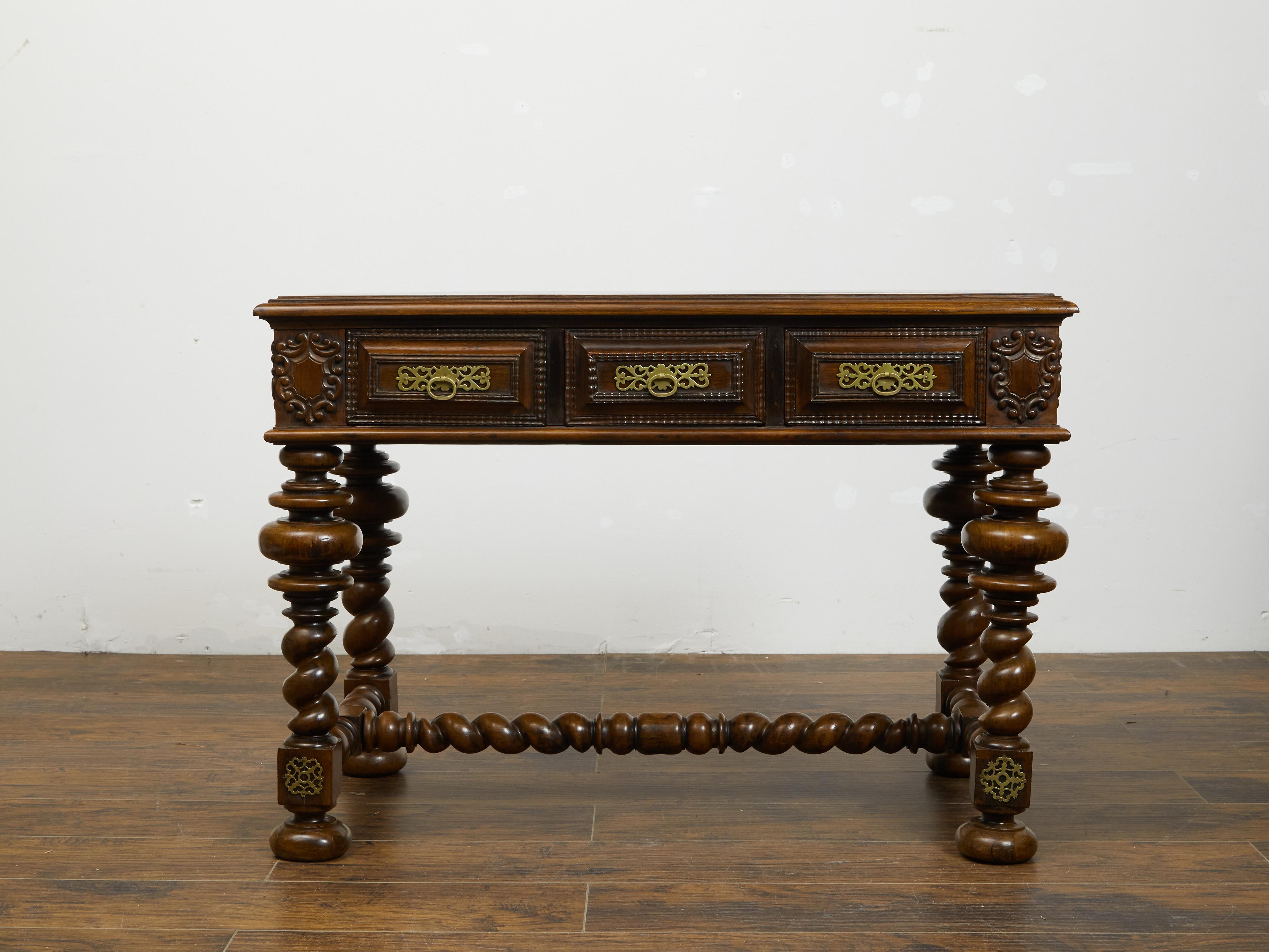 Portuguese Baroque Style 19th Century Table with Drawers and Barley Twist Base In Good Condition In Atlanta, GA