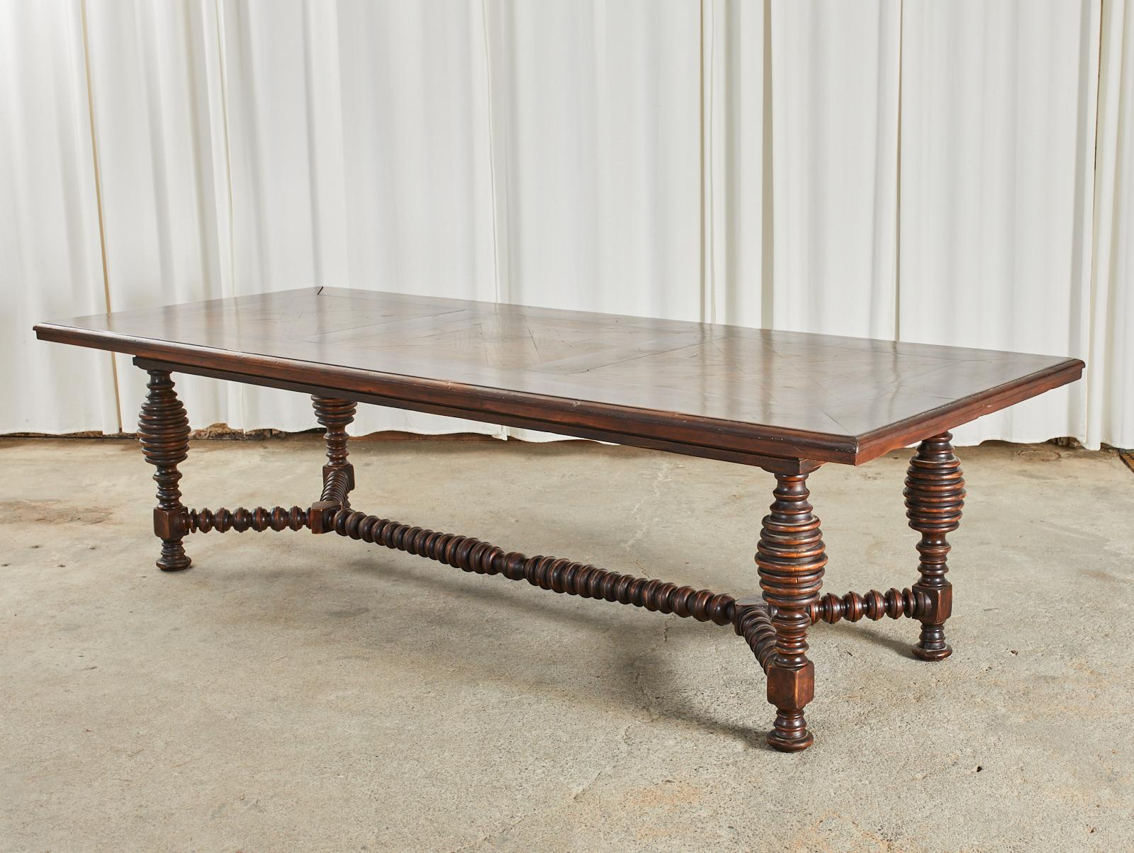 Portuguese Baroque Style Dining Table with Parquetry Inlay In Distressed Condition In Rio Vista, CA