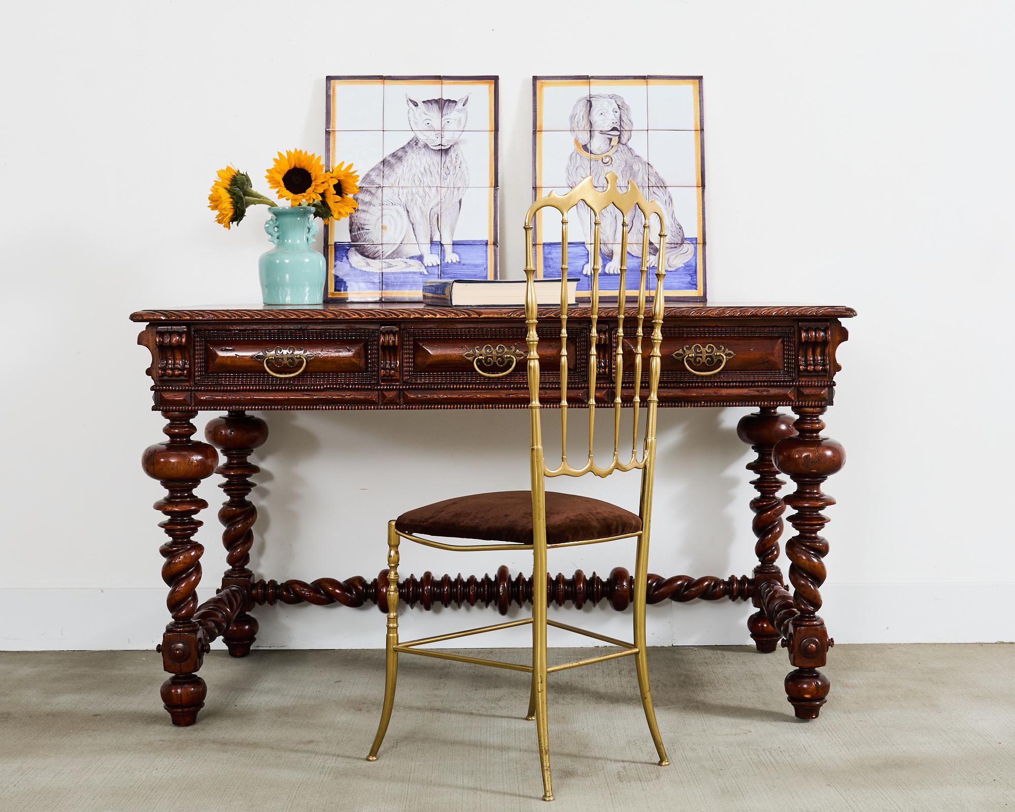 Amazing walnut library center table or writing table hand-crafted, labeled, signed, and dated by Alfonso Marina. For over 50 years Marina has created the highest quality timeless pieces from the rarest materials. This library center table also