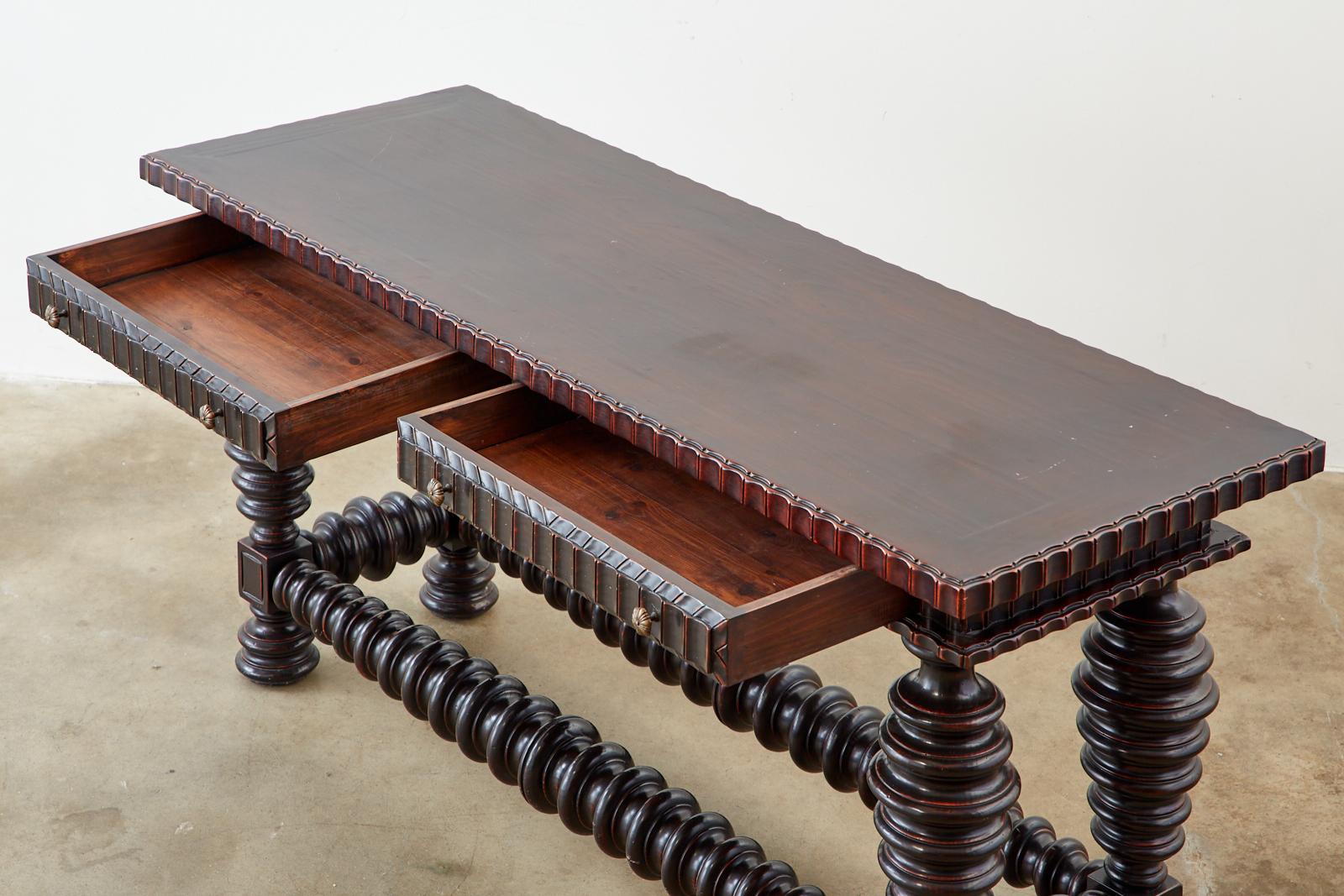 Brass Portuguese Baroque Style Mahogany Library Table Console