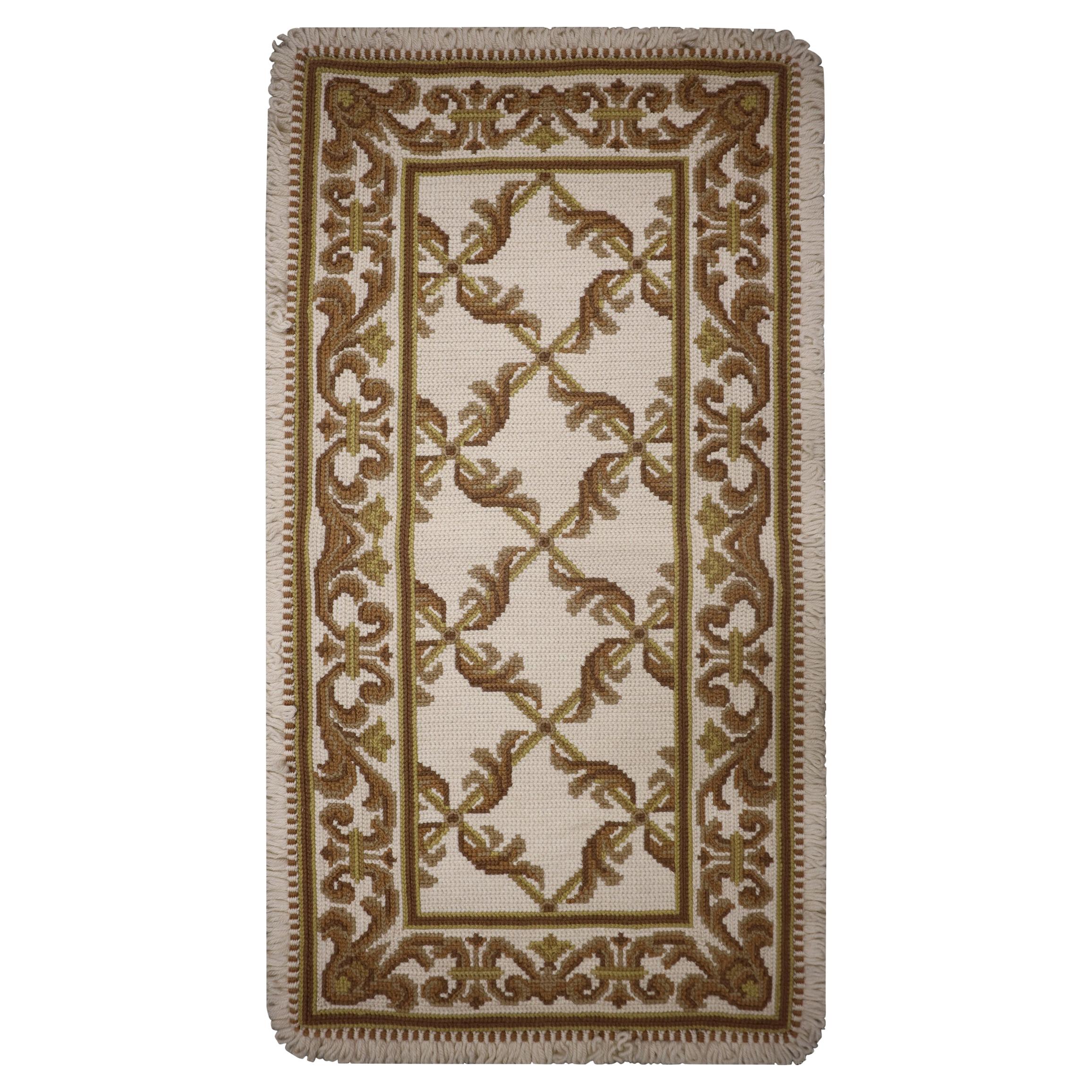 Portuguese Beige Cream Needlepoint Rug Hand Woven Traditional Carpet For Sale