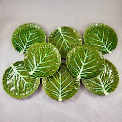 Portuguese Belo Olive Green Cabbage Leaf Plates, S/8 – 1930-1950