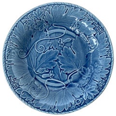 Portuguese Blue Tobacco Leaf & Basket Weave Majolica Plate by Bordallo Pinheiro