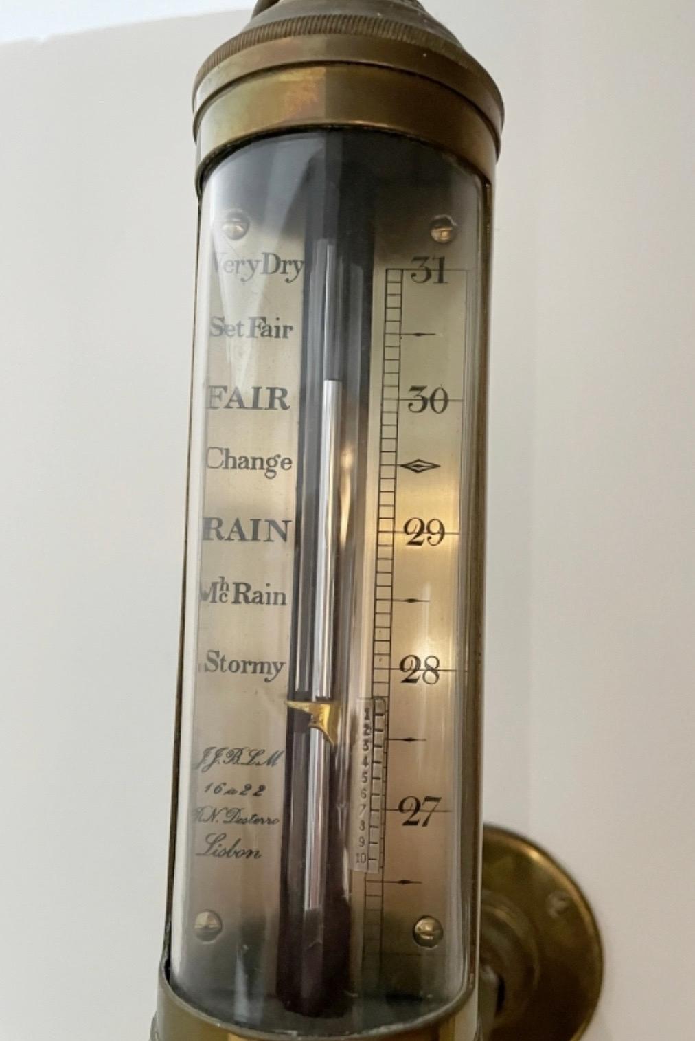 Late 19th century Nautical Brass Gimbal Mounted Barometer 
made in Portugal, Lisbon. Functional & ready to use. 
TYPICAL FORM BY R .N DESTERRO, LISBON.