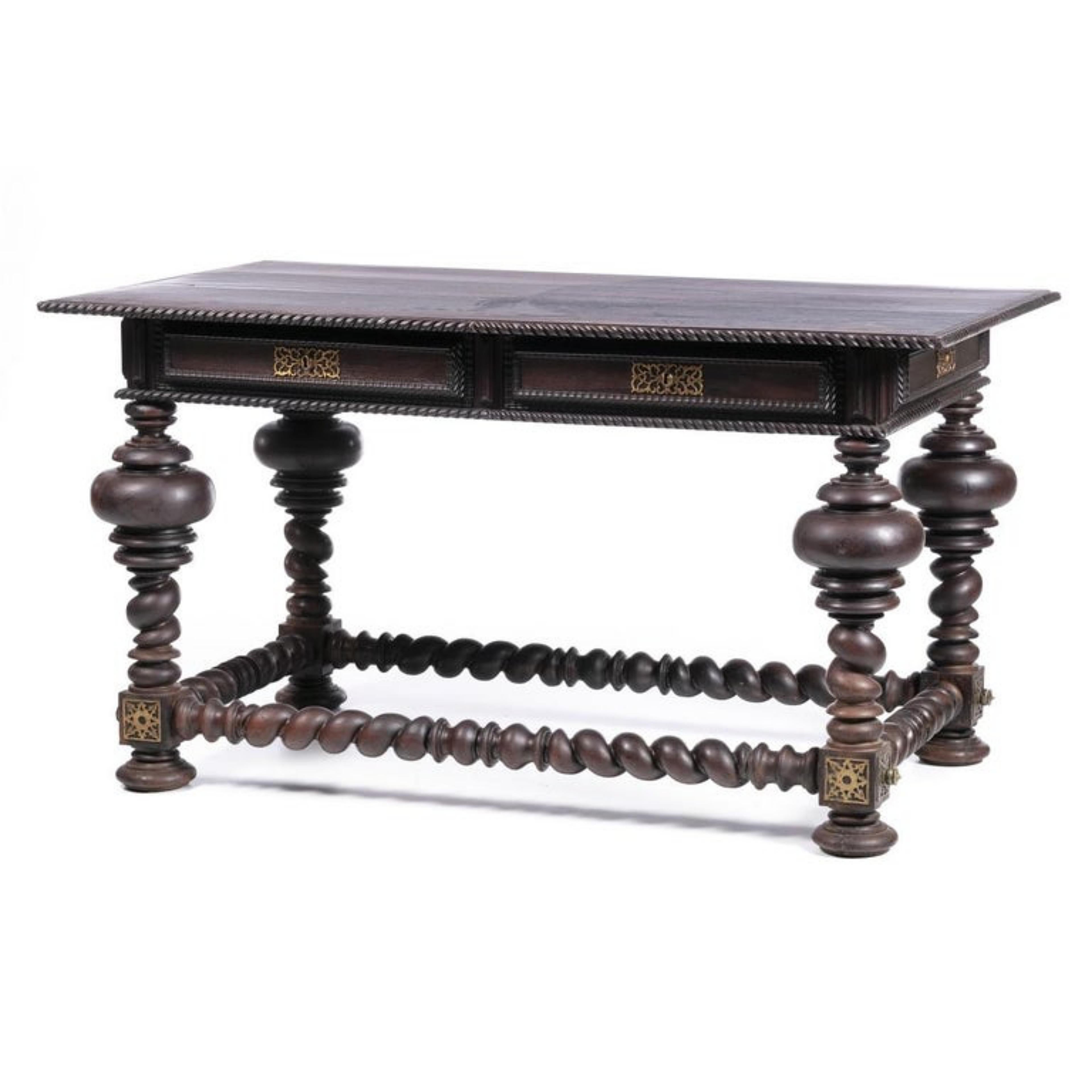 Portuguese, 17th century in Brazilian rosewood, twisted and shaken. 
Box with two drawers simulating six, turned legs and bars. 
Fittings in cut yellow metal. 
Small defects. 
Dim.: 89 x 158 x 89 cm.