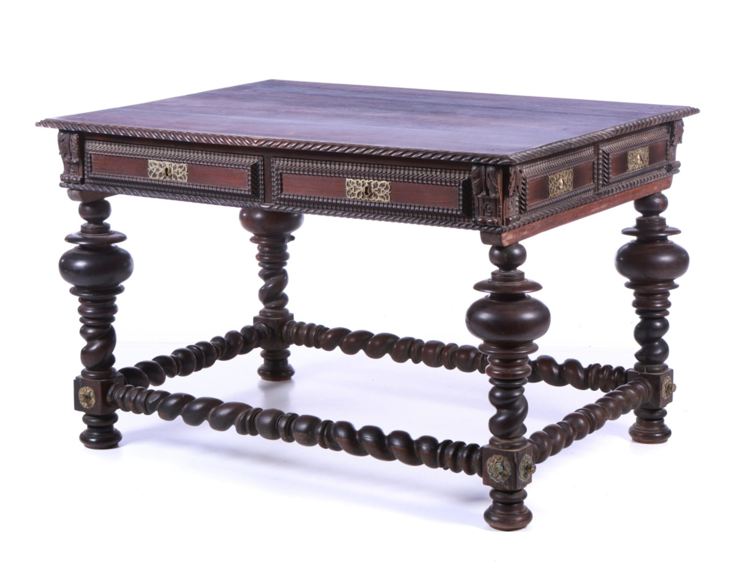 Portuguese, 19th Century. in Brazilian rosewood, twisted and shaken. Box with two drawers simulating six, turned legs and bars. Fittings in gilt bronze, scalloped. Small defects. 
Dim.: 85 x 127 x 100 cm.
