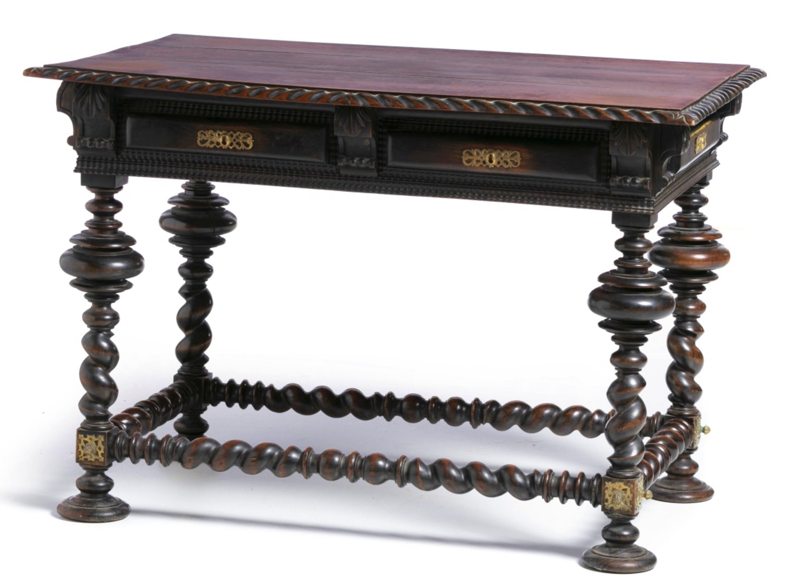 Portuguese buffet table, 19th century
of shaky and twisted walnut wood with 2 drawers simulating 4. 
Tracery brass fittings, resting on turned legs. 
Minor defects. 
Dimensions: 82 x 116 x 73 cm.