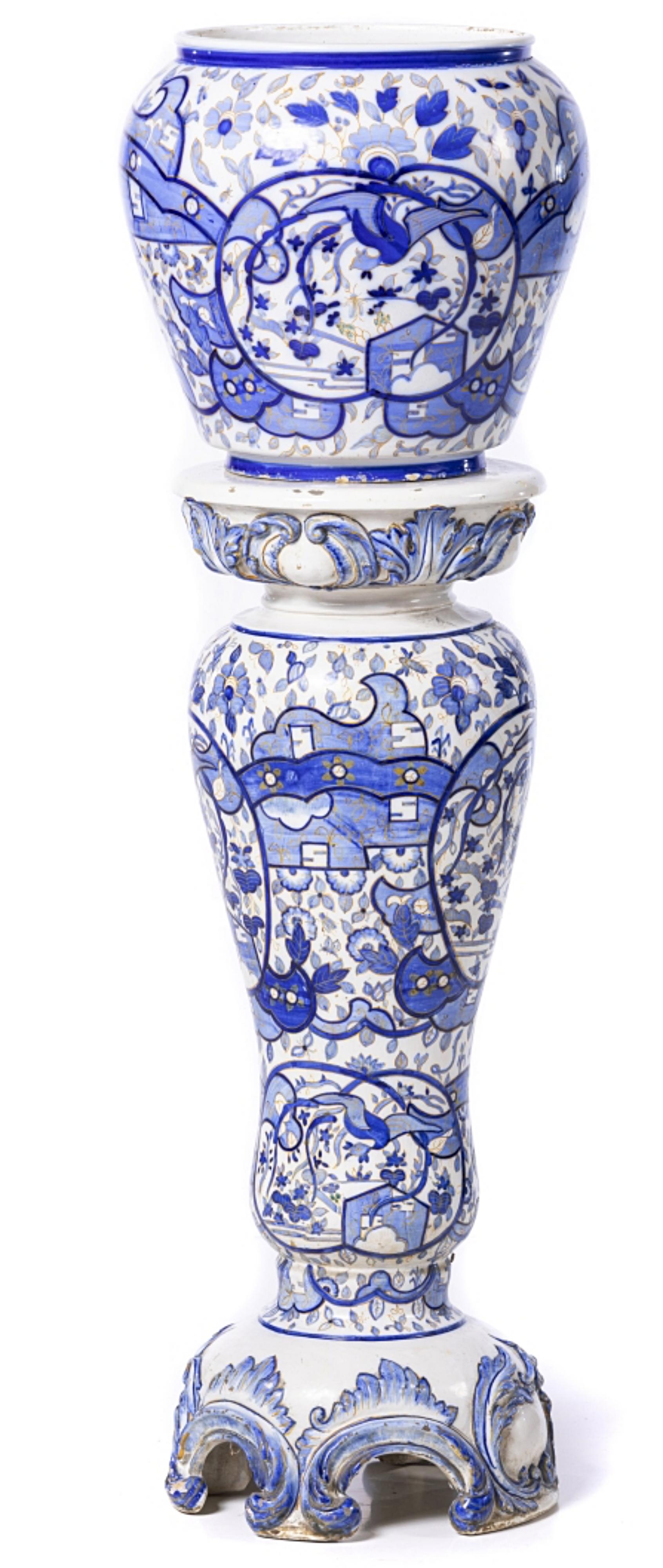 Fait main CACHEPOT PORTUGUES AVEC COLUMN DE FAIENCE du 19ème siècle en vente