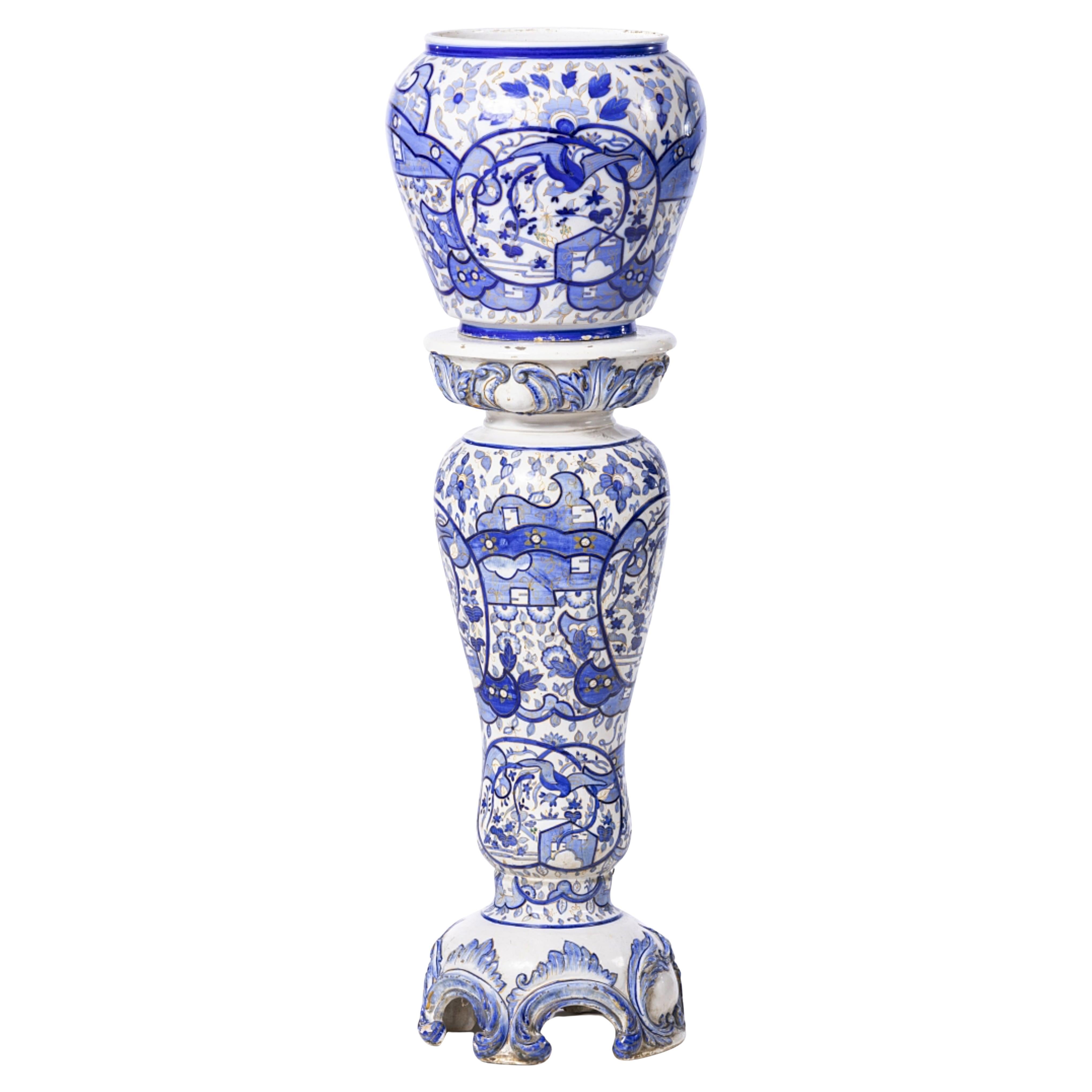 PORTUGUESE CACHEPOT WITH FAIENCE COLUMN from the 19th century